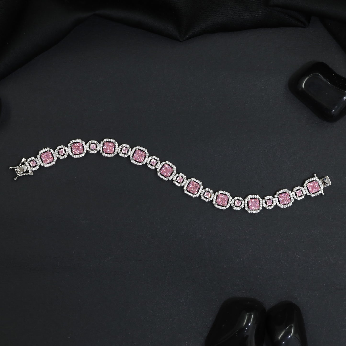 Elegant Rhodium Bracelet with Geometric Links and Circular Elements
