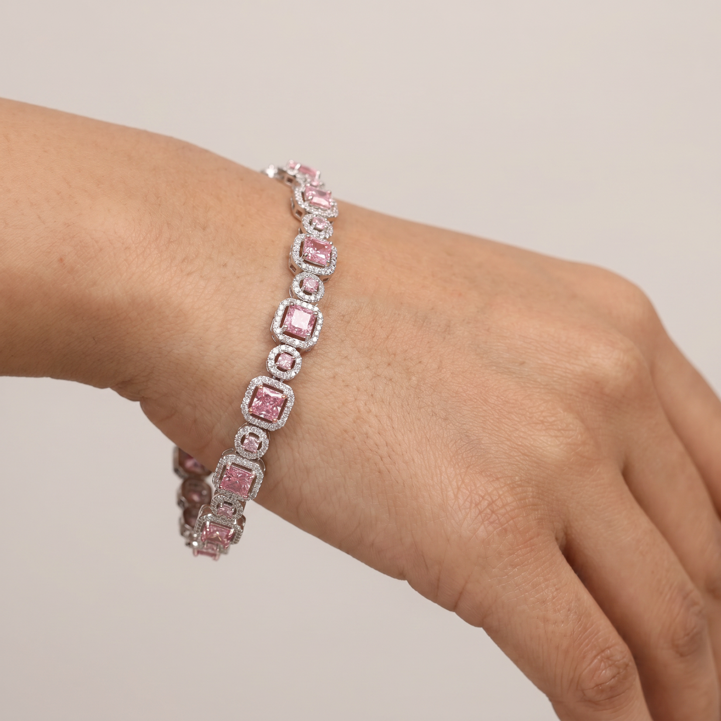 Elegant Rhodium Bracelet with Geometric Links and Circular Elements