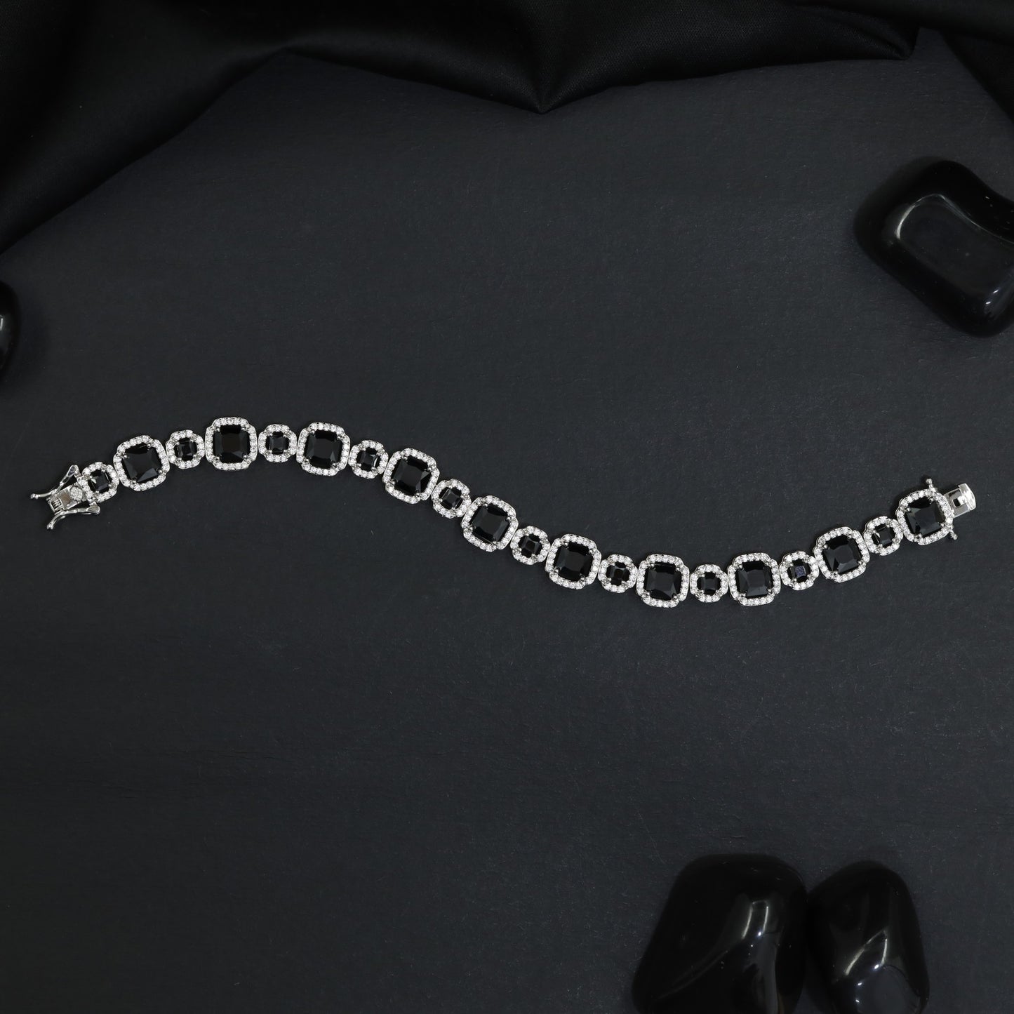 Elegant Rhodium Bracelet with Geometric Links and Circular Elements