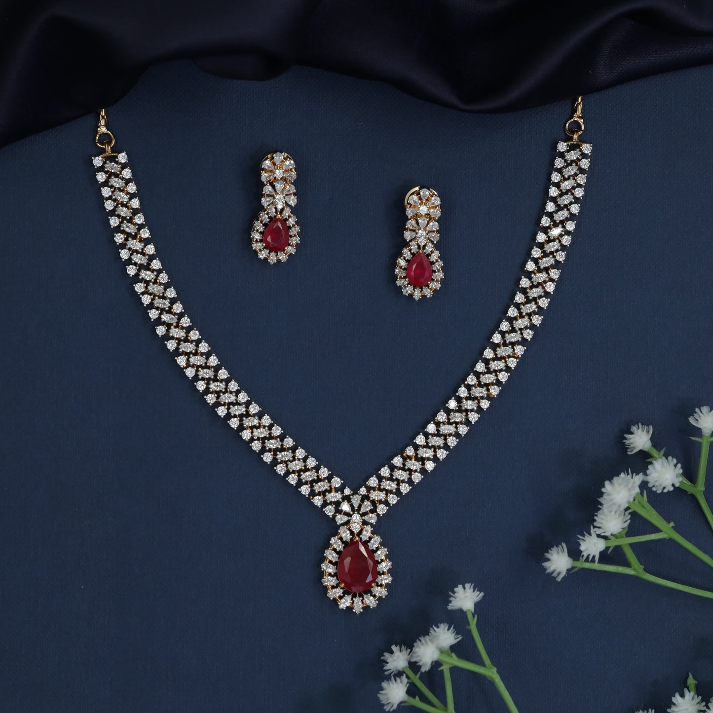 Gj Necklace with Woven Crystal Rows and Center Pendant