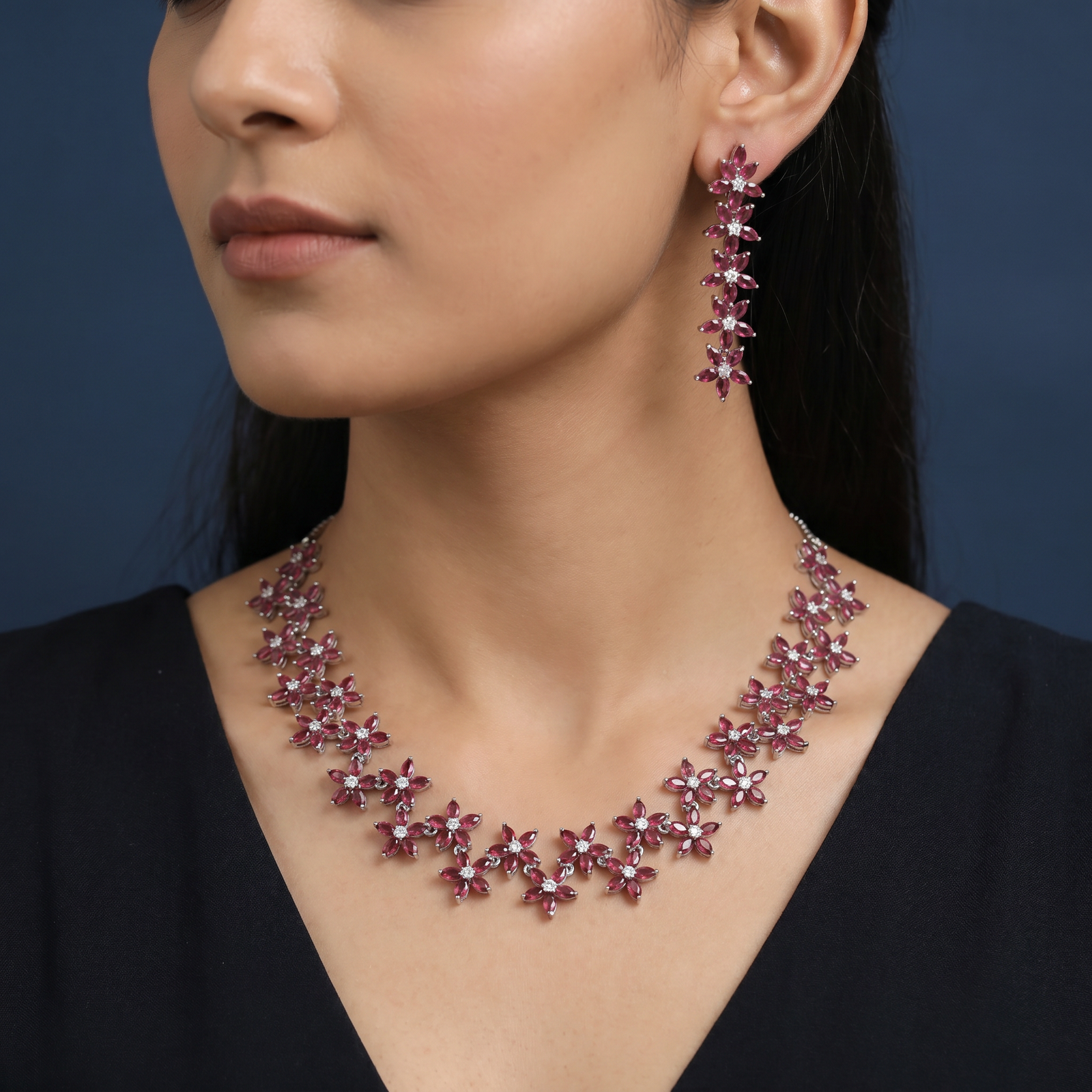 Grand rhodium necklace with radiant floral centerpiece brilliance