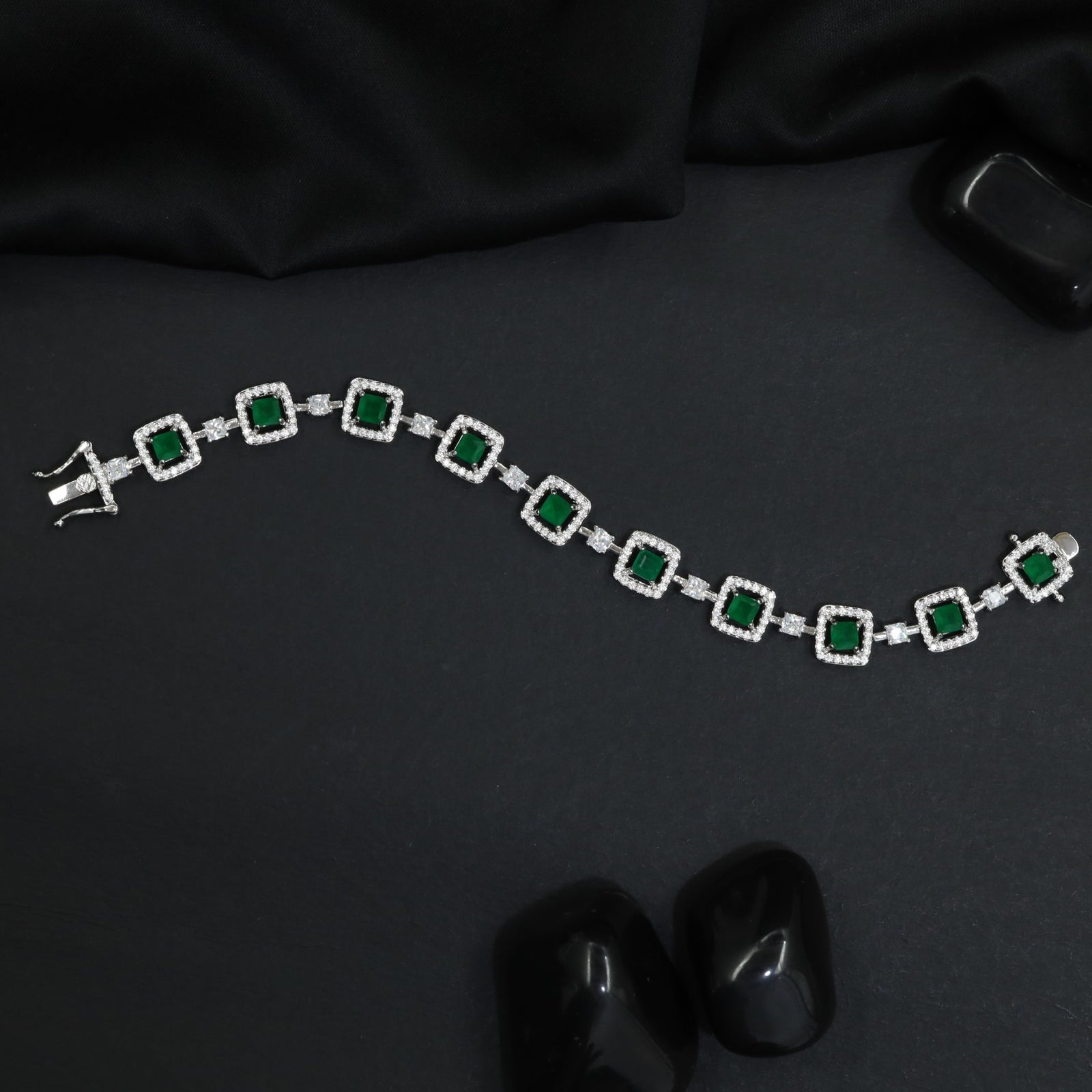 Artisan rhodium bracelet showcasing alternating square links