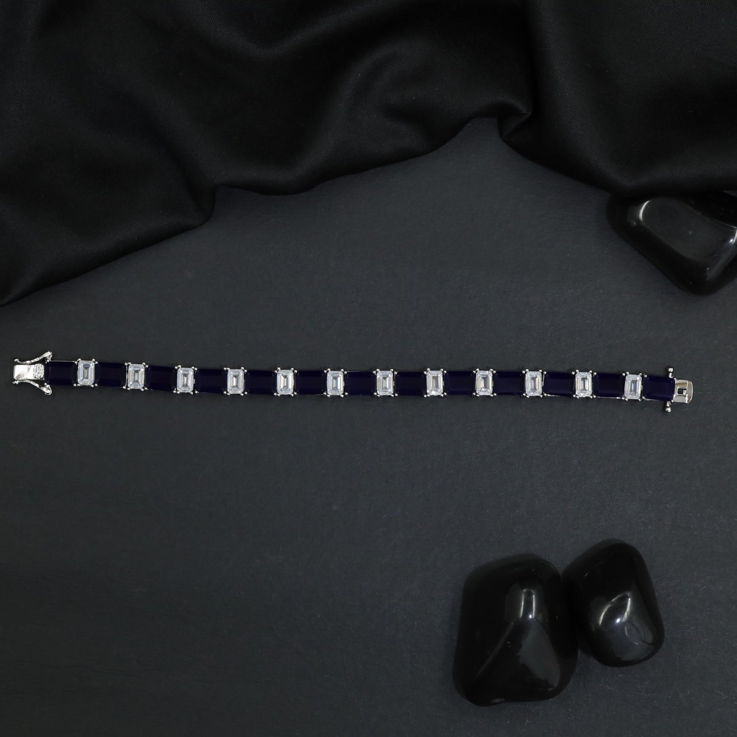 Rhodium Bracelet Featuring Alternating Rectangular Elements and Square Connectors