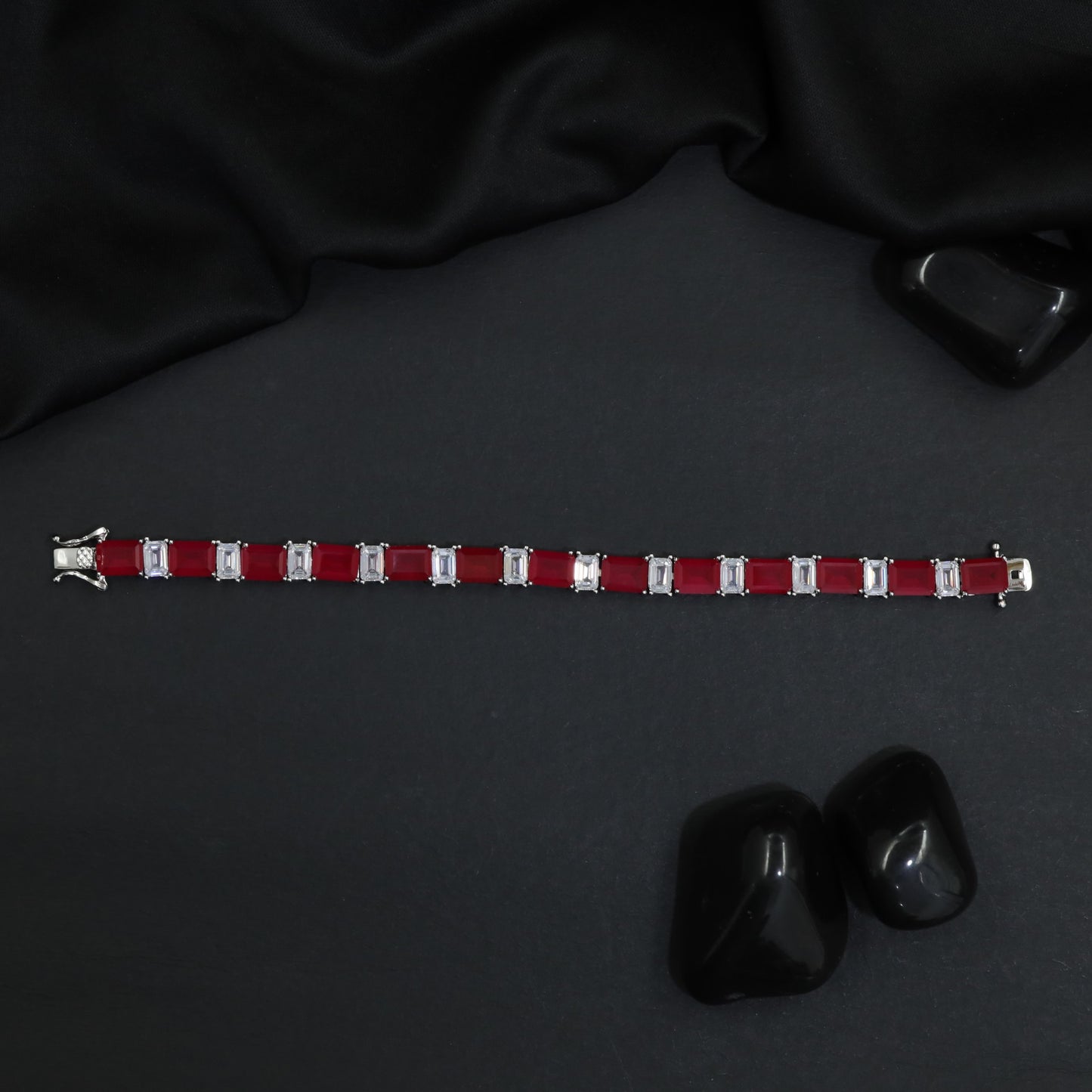 Rhodium Bracelet Featuring Alternating Rectangular Elements and Square Connectors
