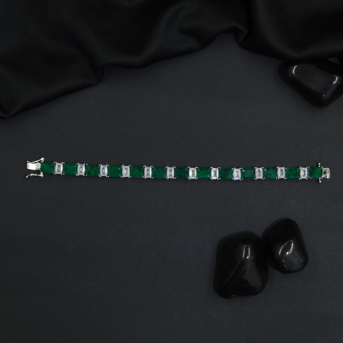 Rhodium Bracelet Featuring Alternating Rectangular Elements and Square Connectors