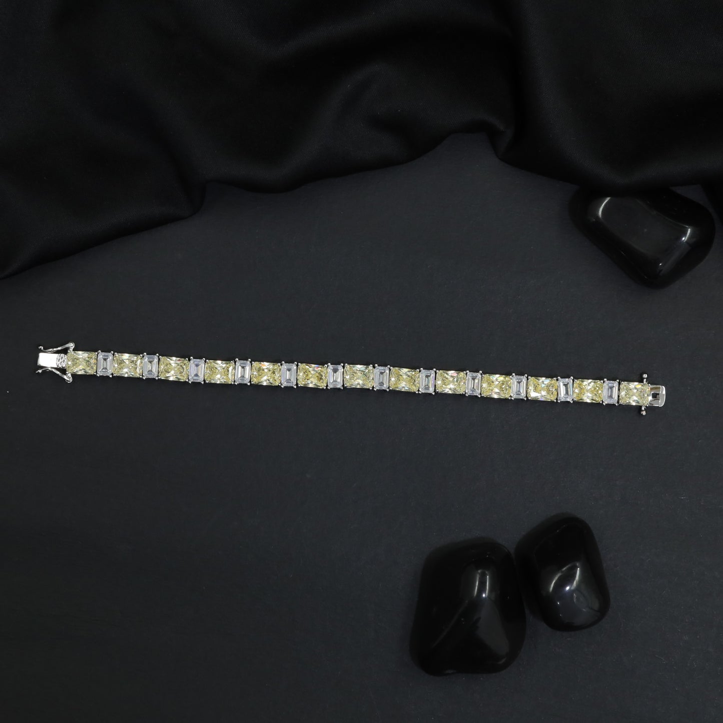 Rhodium Bracelet Featuring Alternating Rectangular Elements and Square Connectors