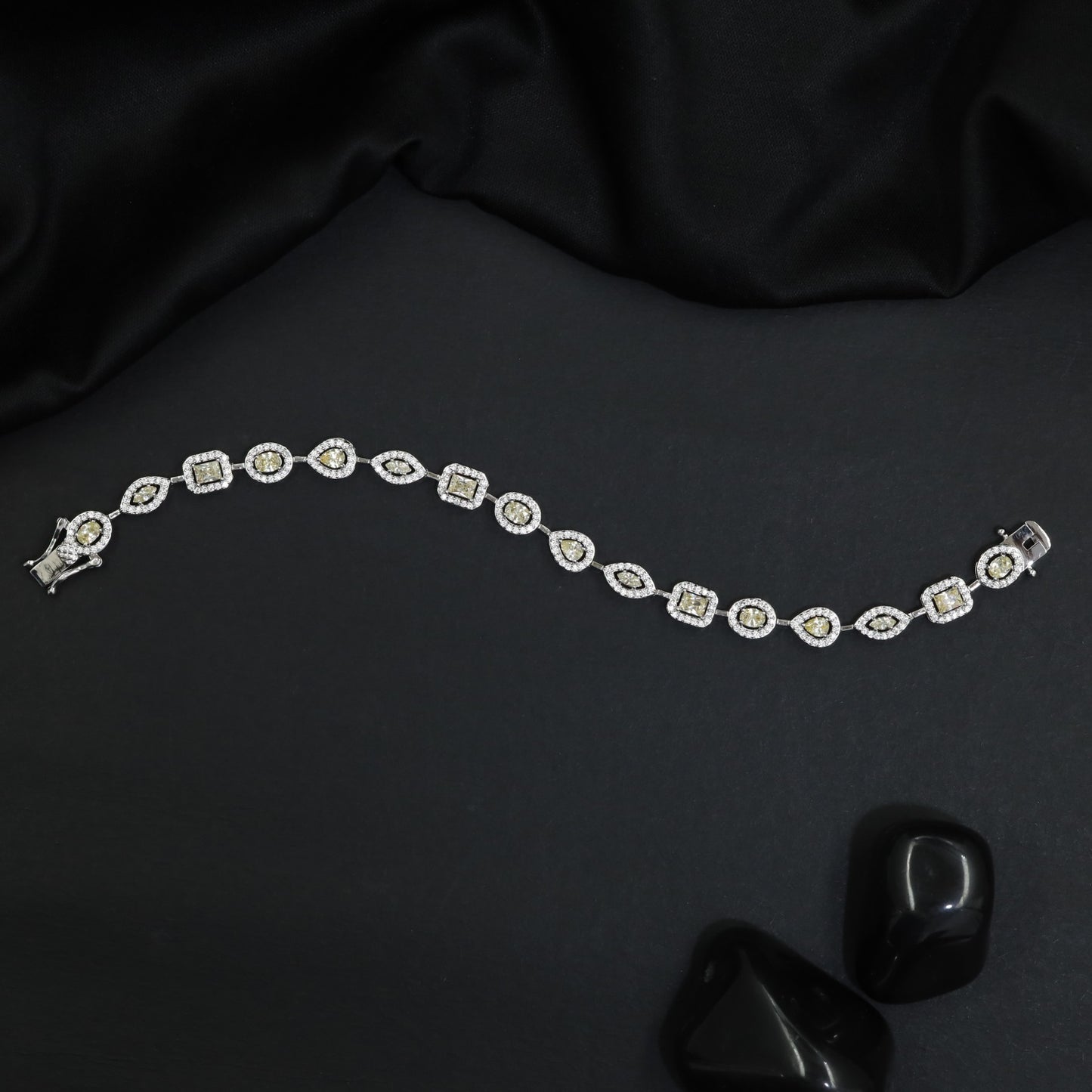 Mixed Shape Rhodium Bracelet with Decorative Link Composition
