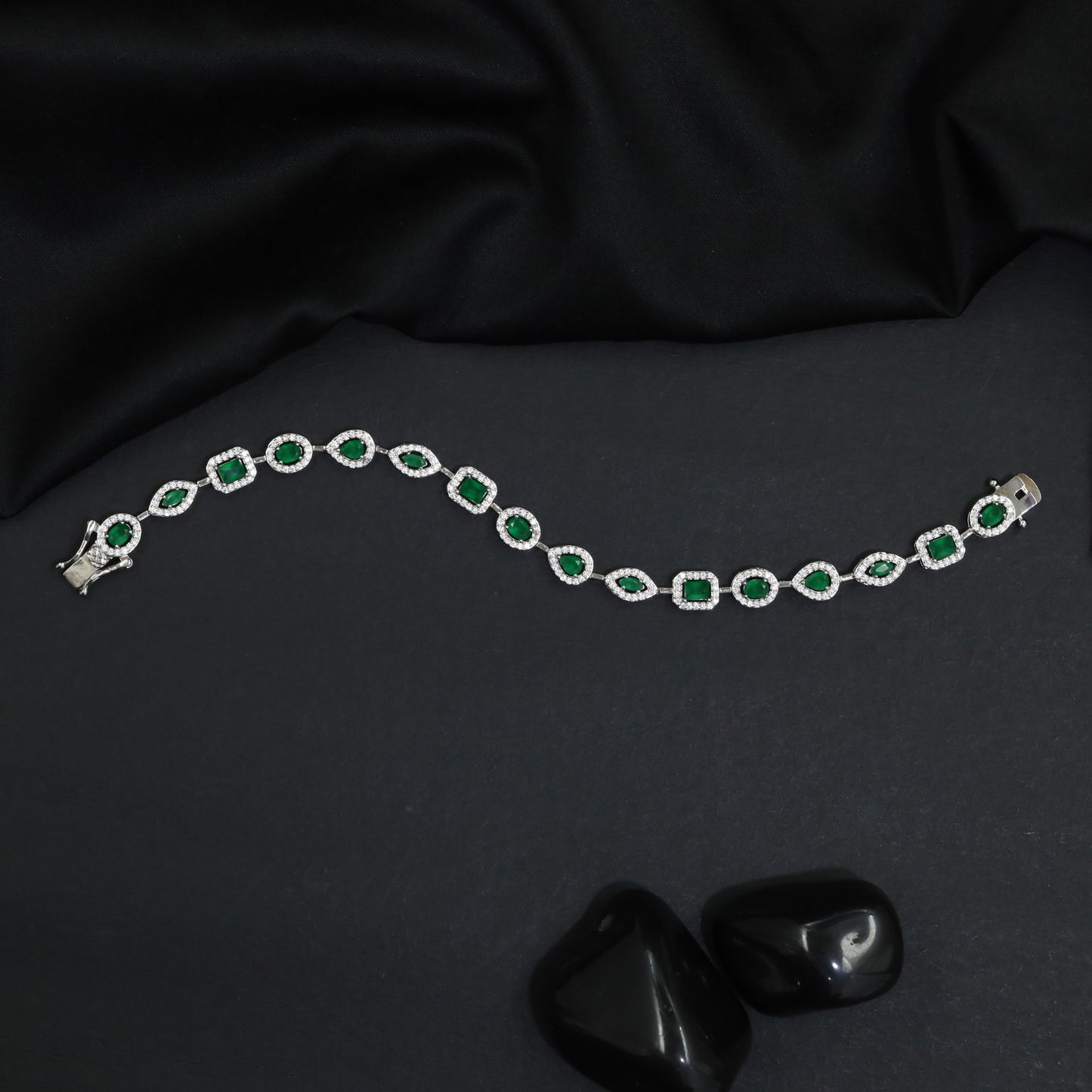 Mixed Shape Rhodium Bracelet with Decorative Link Composition