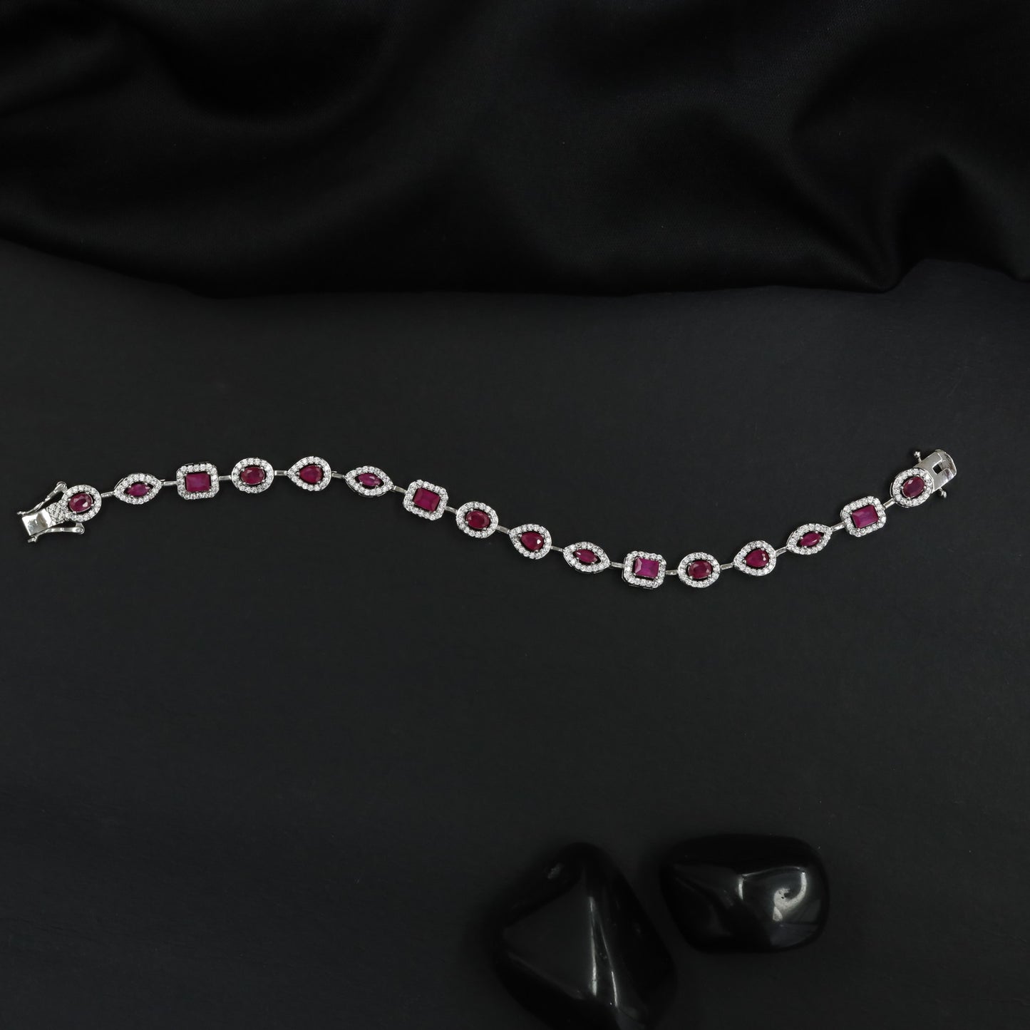 Mixed Shape Rhodium Bracelet with Decorative Link Composition