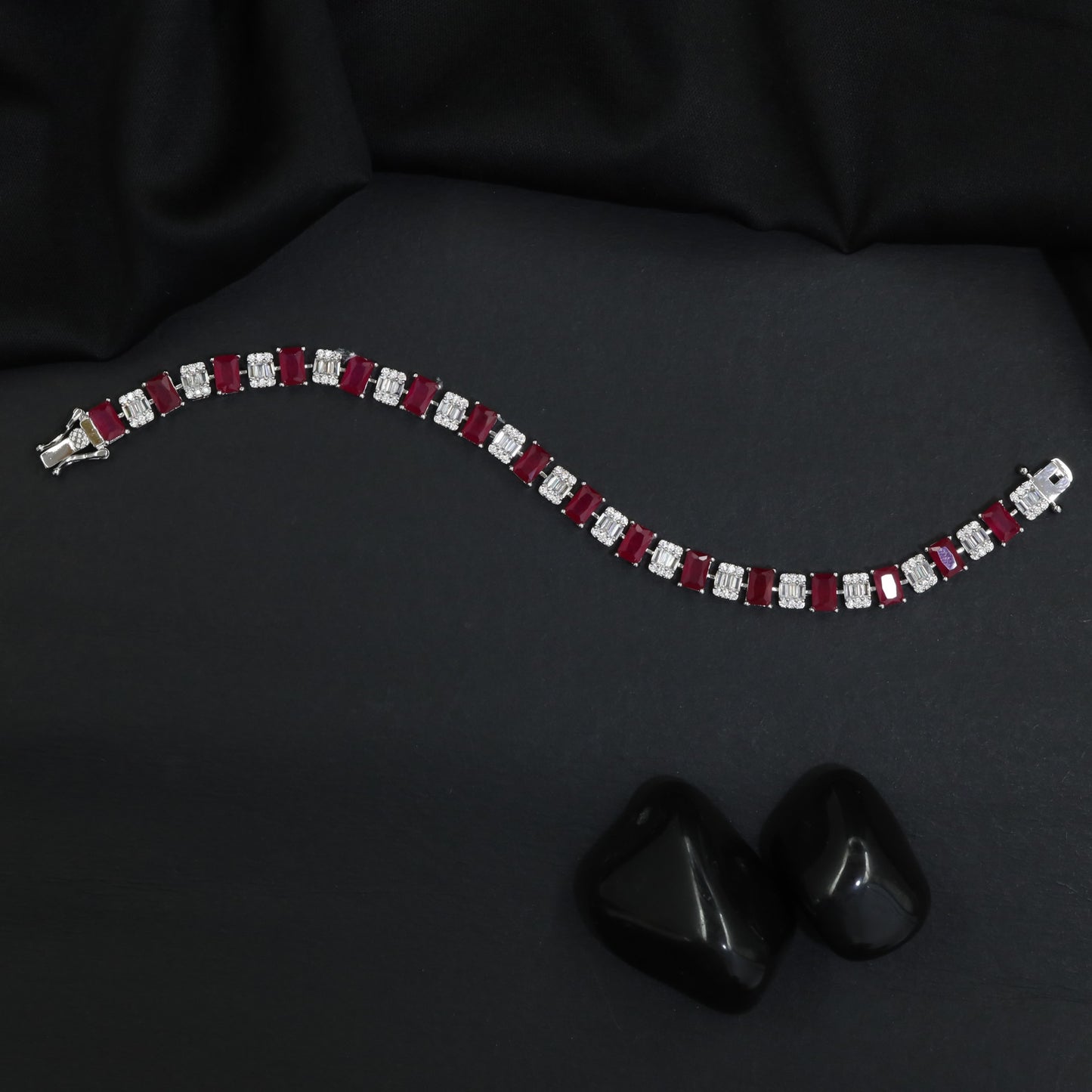 Rhodium Bracelet with Linear Geometric Arrangement and Decorative Connectors