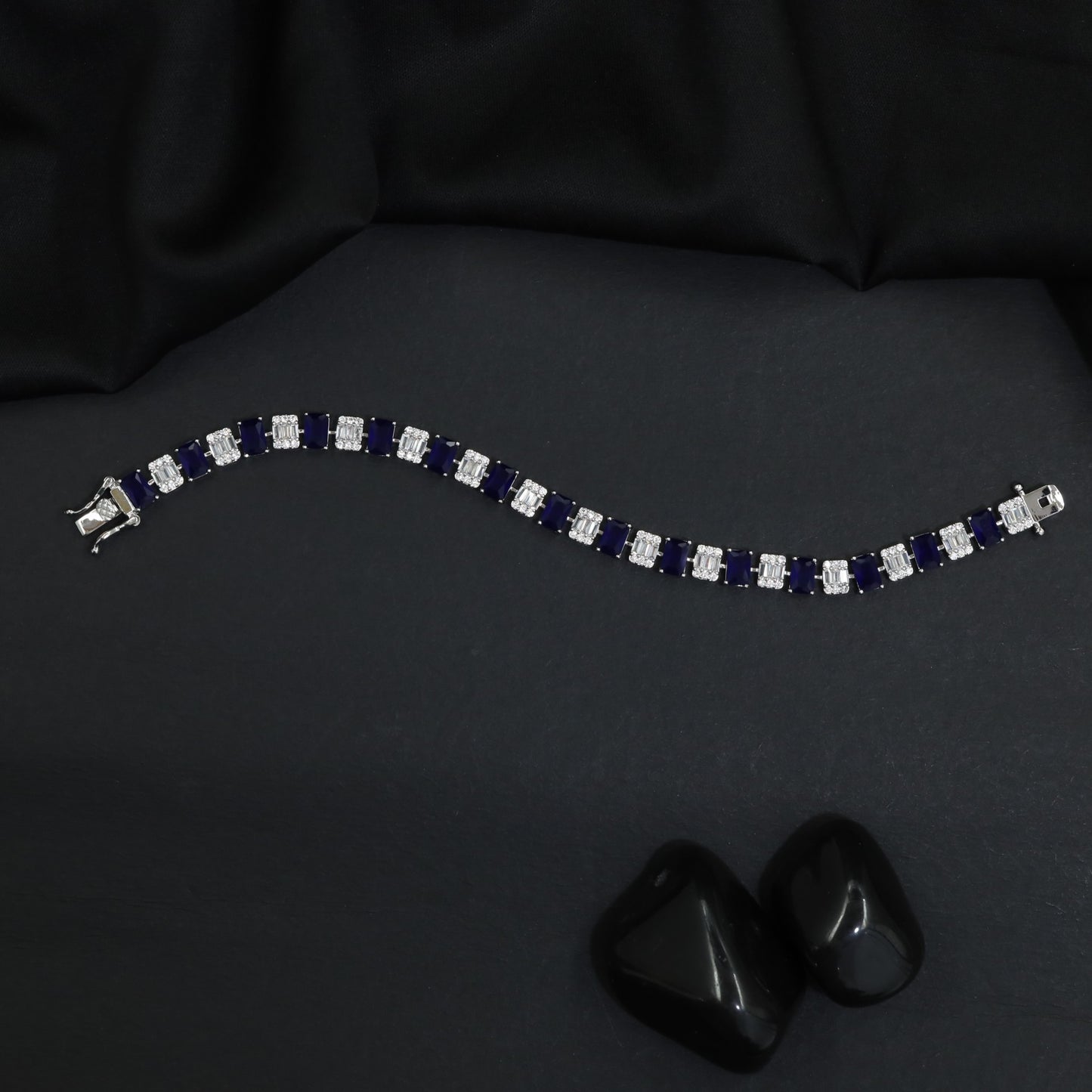 Rhodium Bracelet with Linear Geometric Arrangement and Decorative Connectors