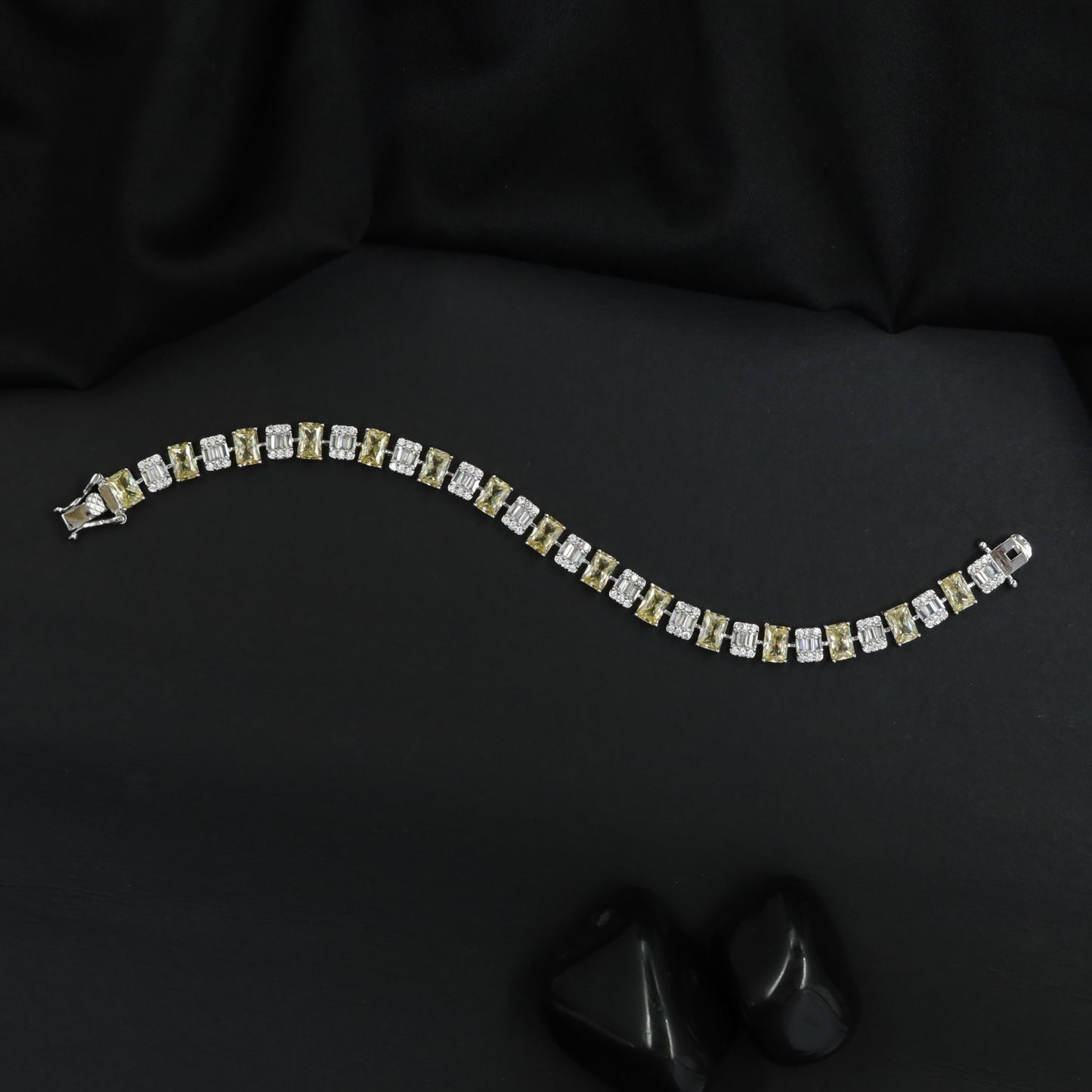 Rhodium Bracelet with Linear Geometric Arrangement and Decorative Connectors