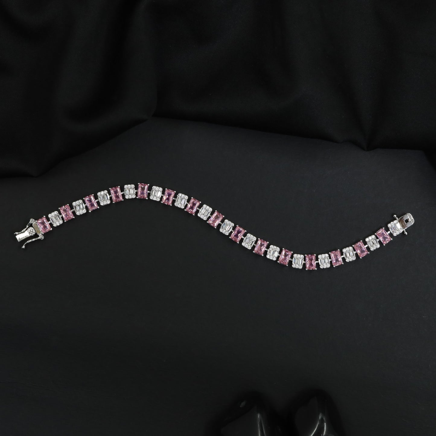 Rhodium Bracelet with Linear Geometric Arrangement and Decorative Connectors