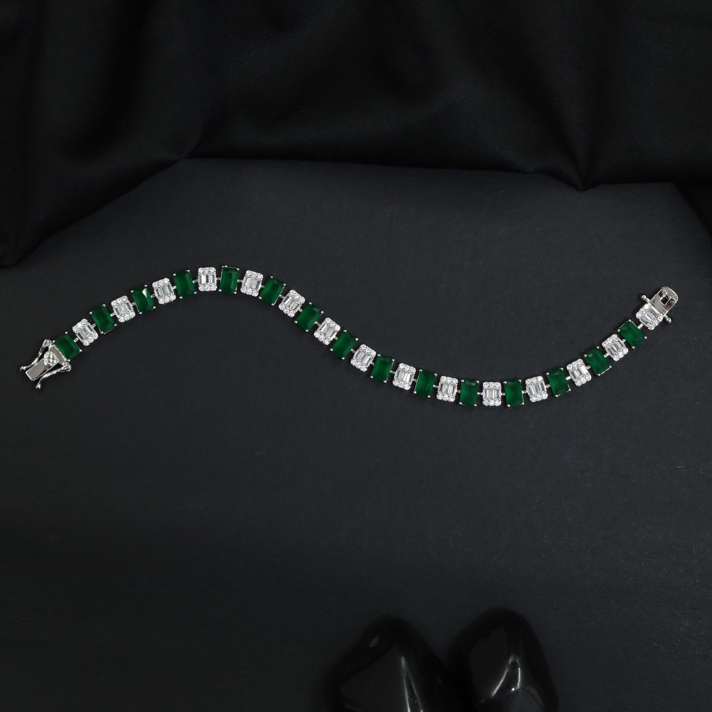 Rhodium Bracelet with Linear Geometric Arrangement and Decorative Connectors