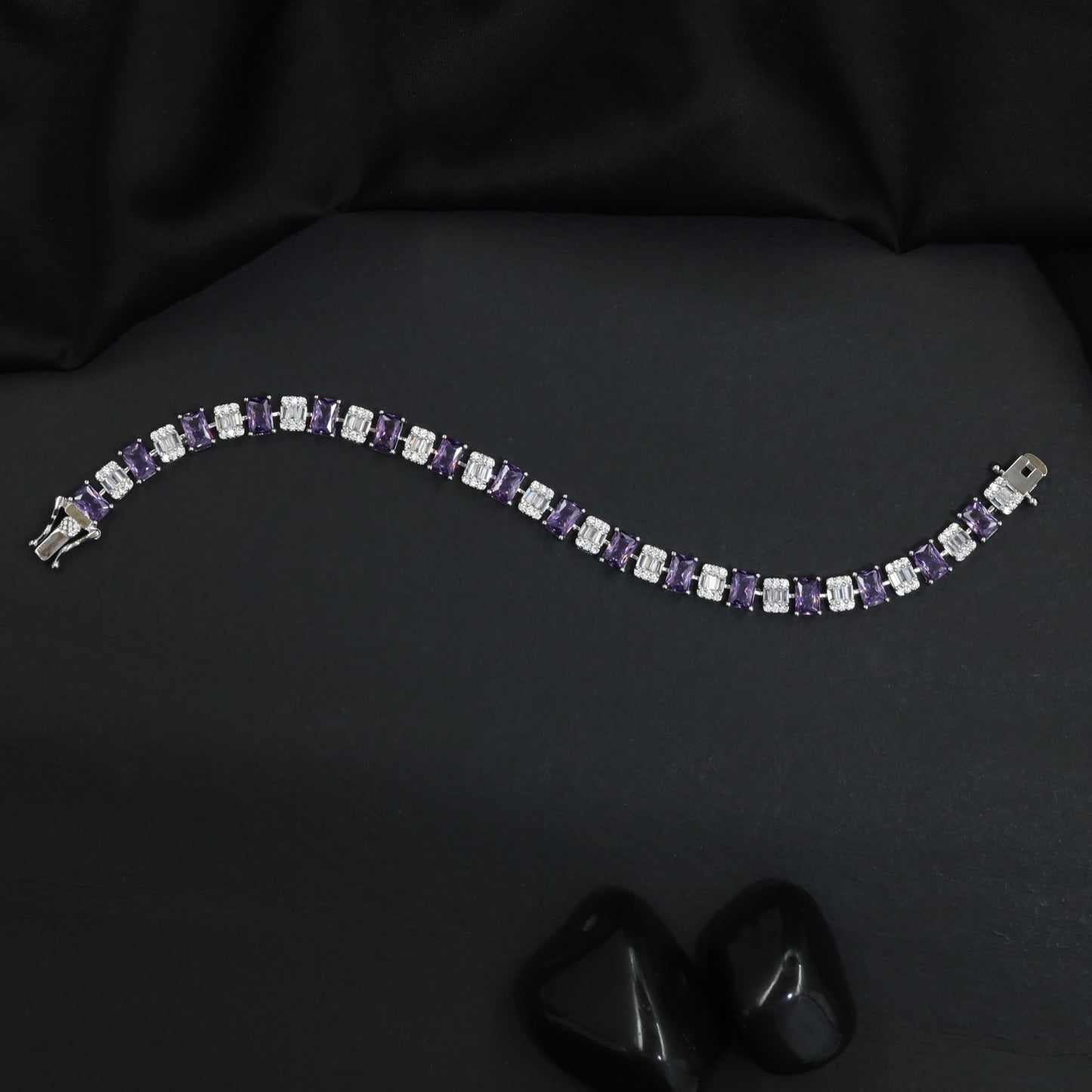 Rhodium Bracelet with Linear Geometric Arrangement and Decorative Connectors