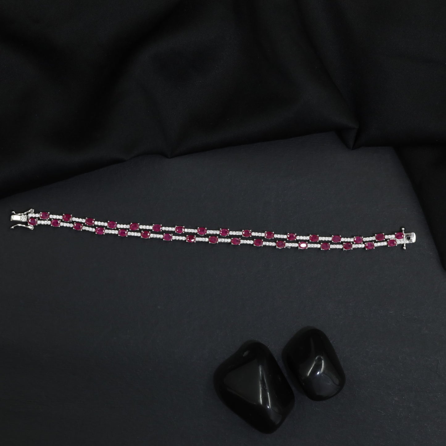 Rhodium Bracelet with Double Row Link Design