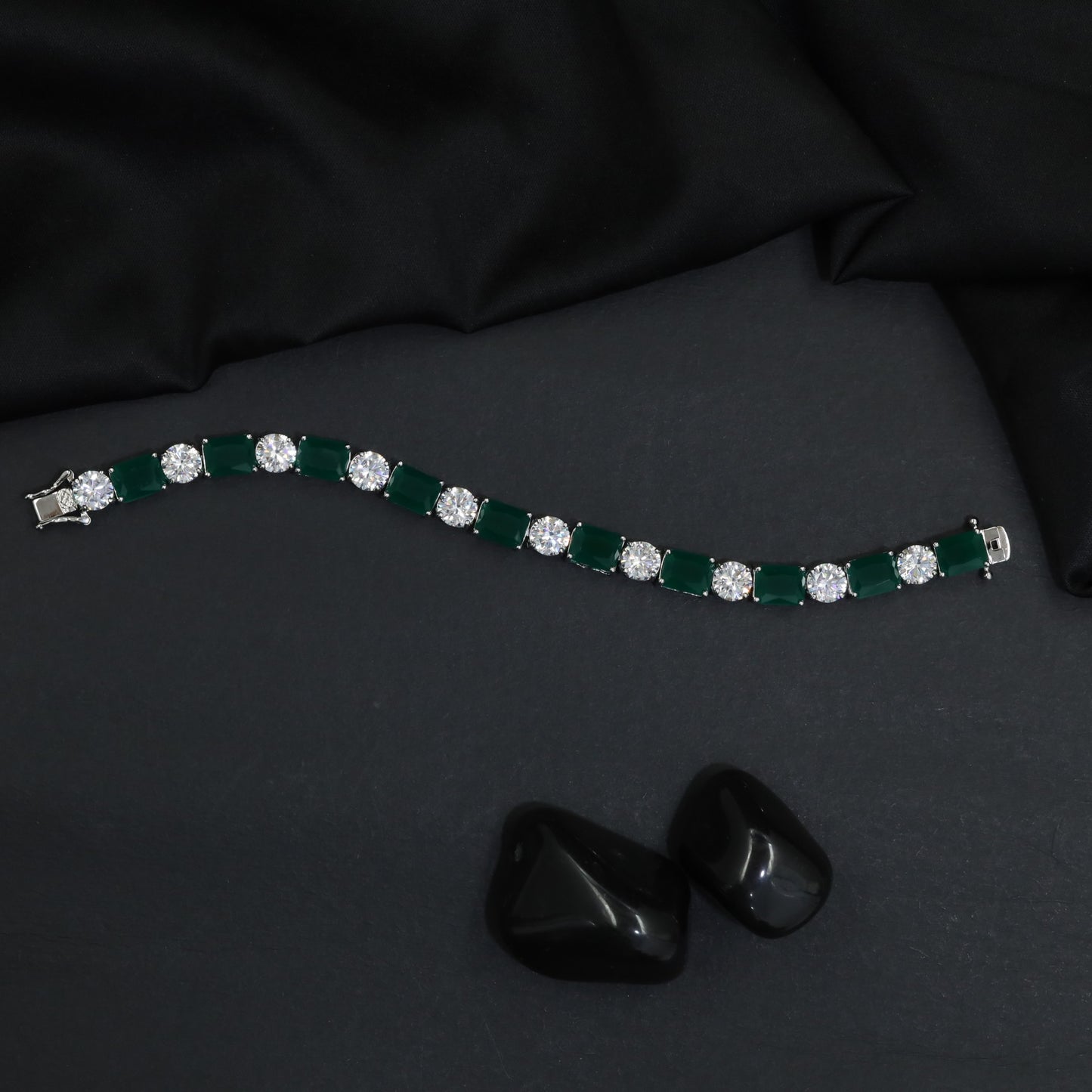 Elegant Rhodium Bracelet with Rectangular Links and Connector Accents