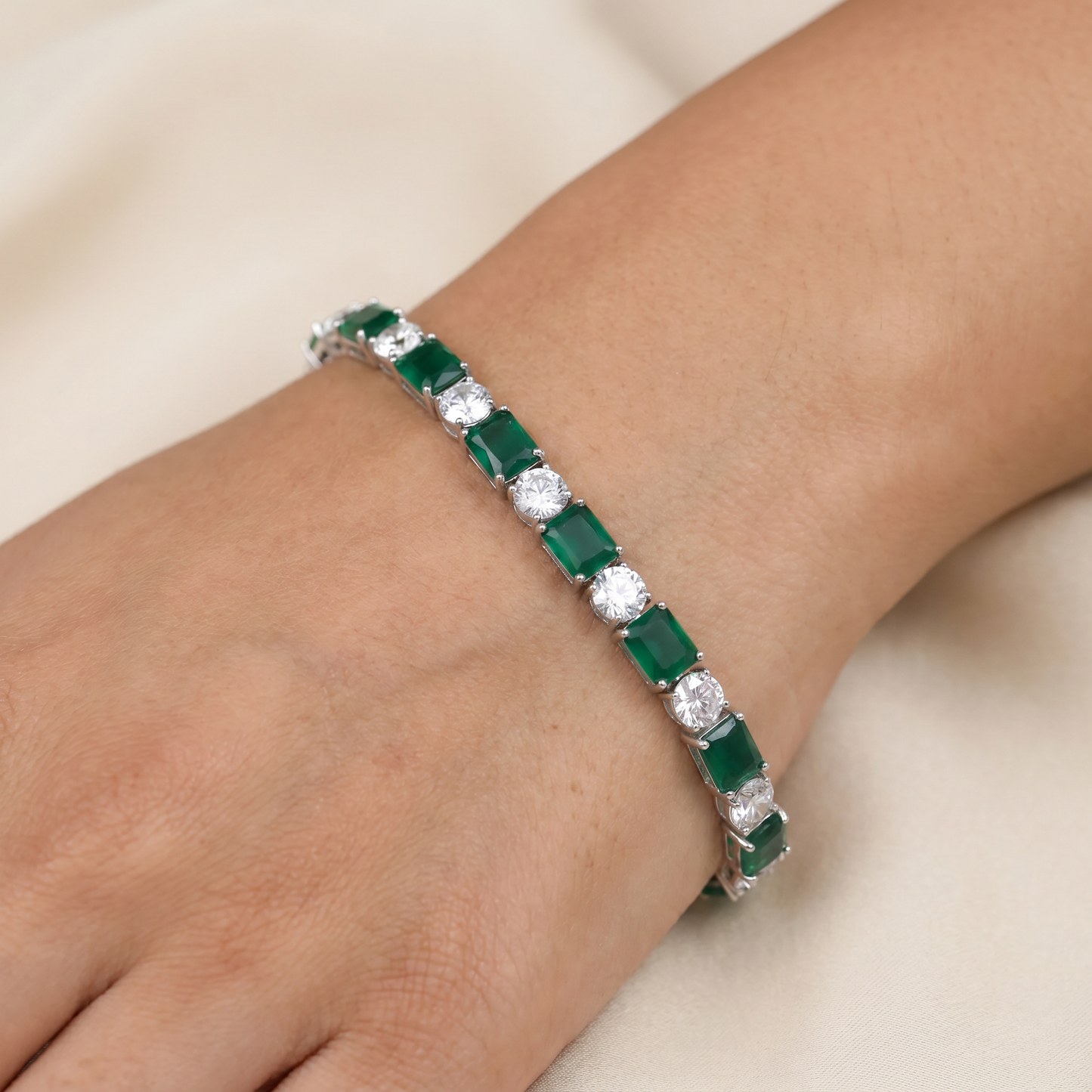 Elegant Rhodium Bracelet with Rectangular Links and Connector Accents