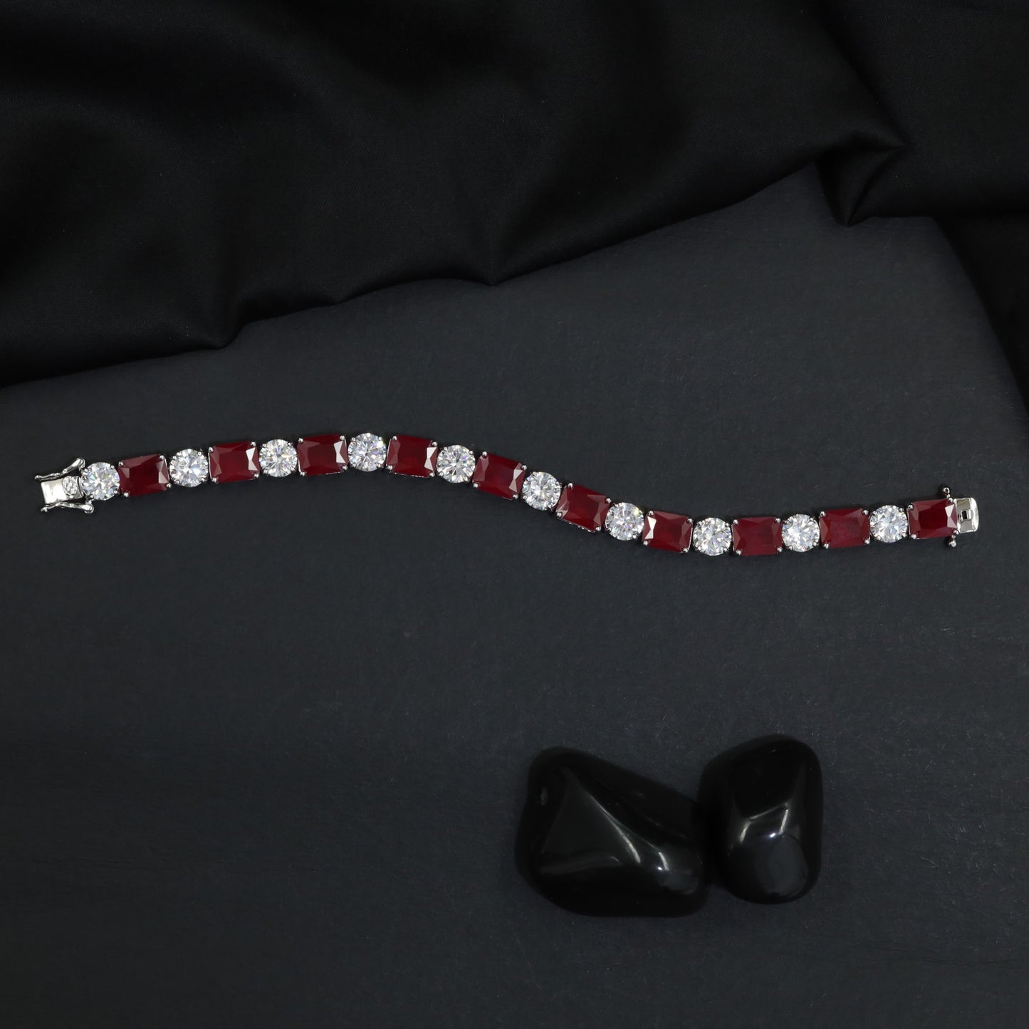 Elegant Rhodium Bracelet with Rectangular Links and Connector Accents