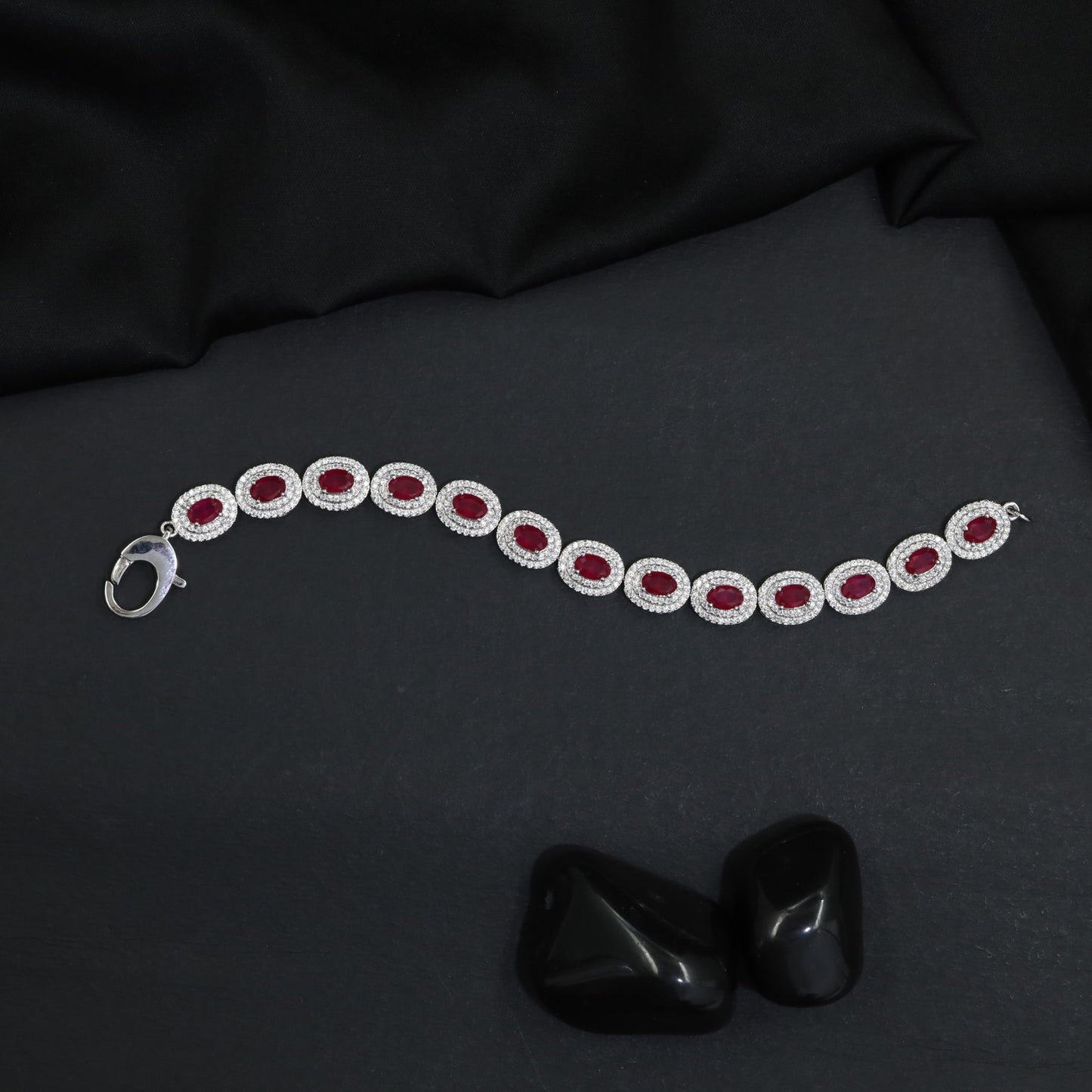 Rhodium Link Bracelet Showcasing Framed Circular Elements