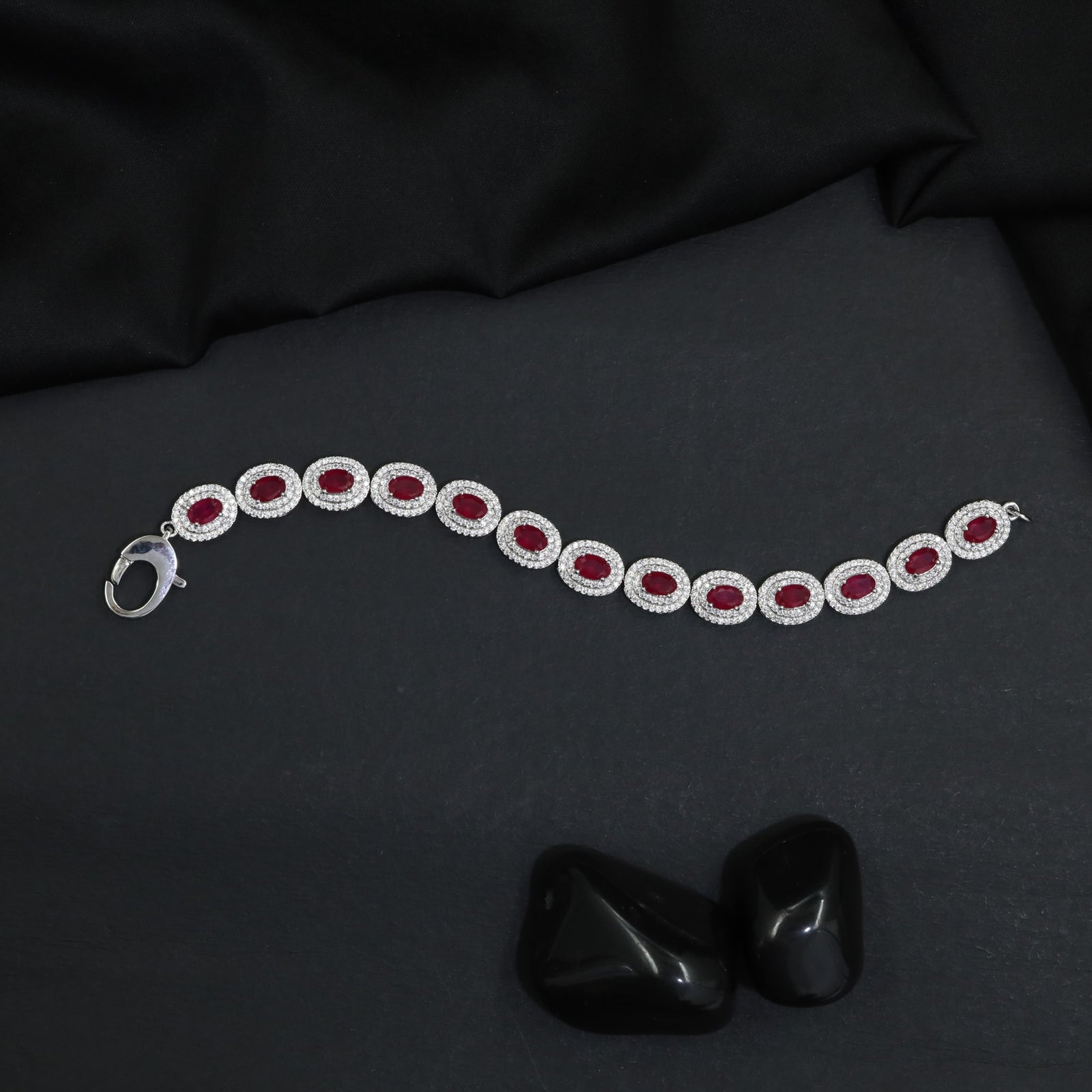 Rhodium Link Bracelet Showcasing Framed Circular Elements