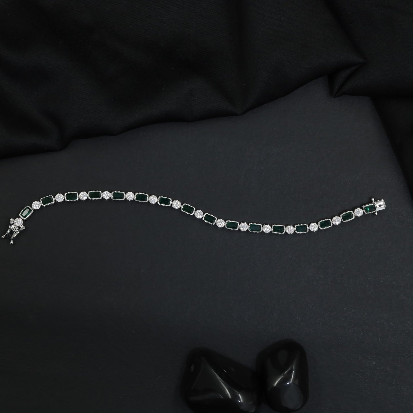 Rhodium Bracelet Featuring Framed Rectangular Links and Circular Elements