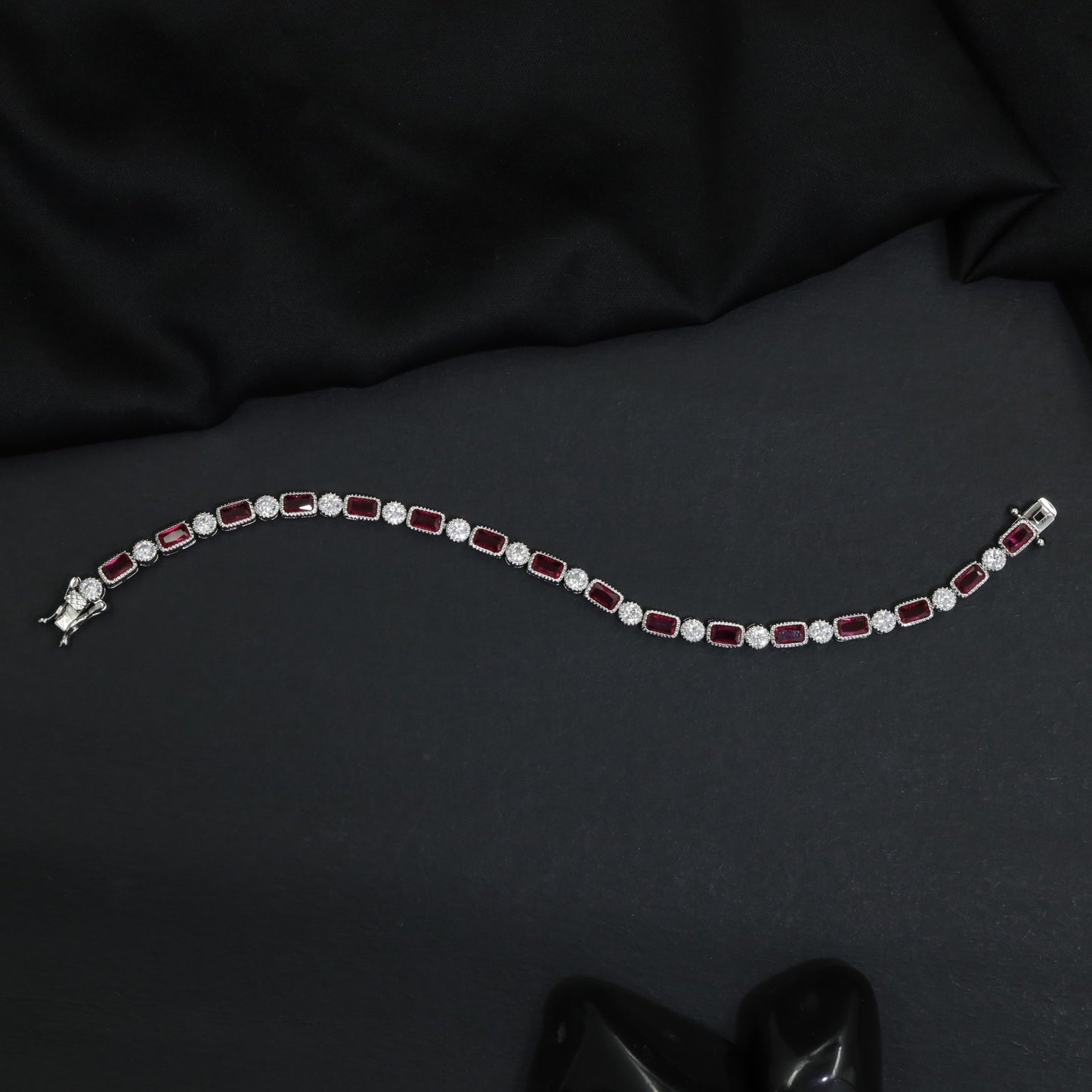 Rhodium Bracelet Featuring Framed Rectangular Links and Circular Elements