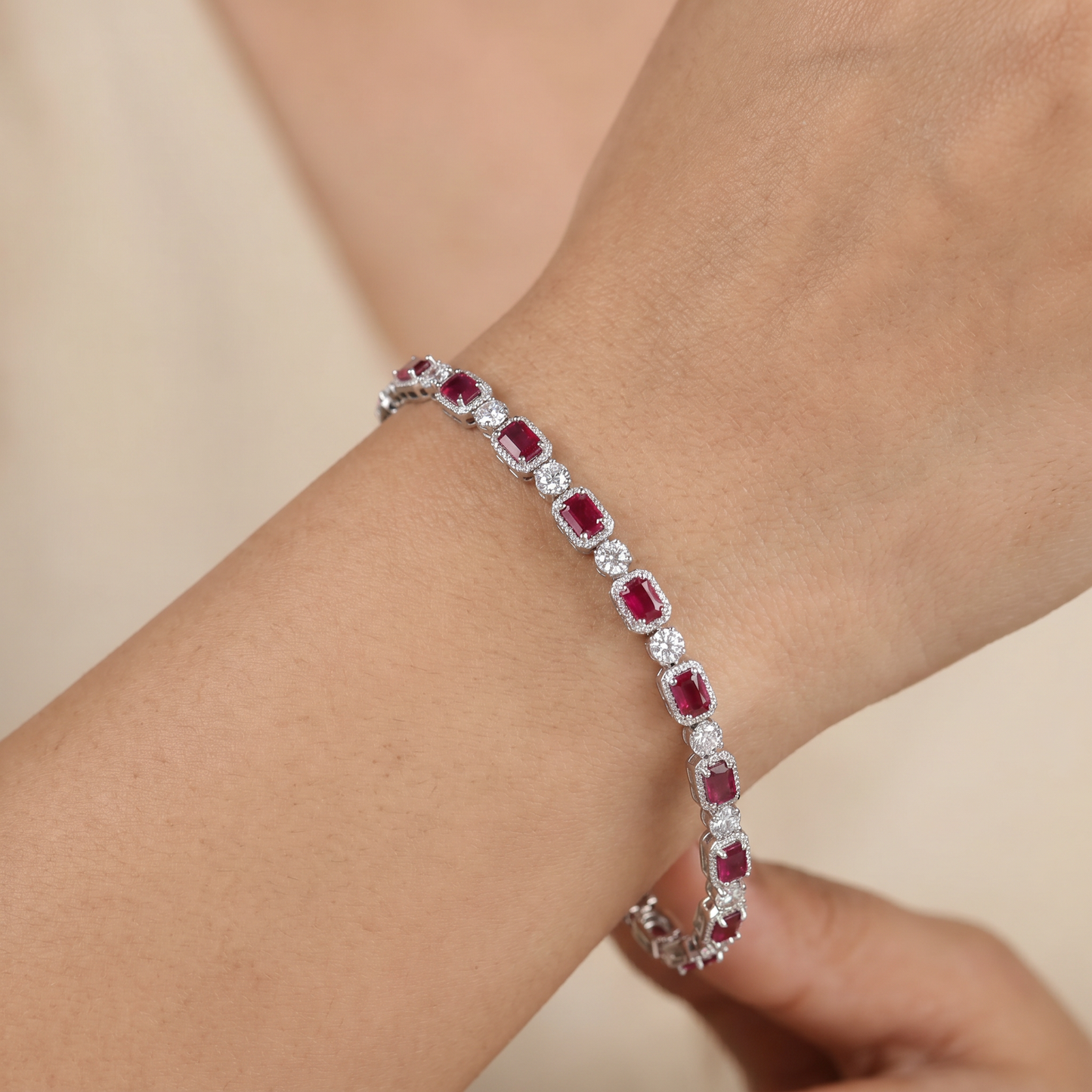 Rhodium Bracelet Featuring Framed Rectangular Links and Circular Elements
