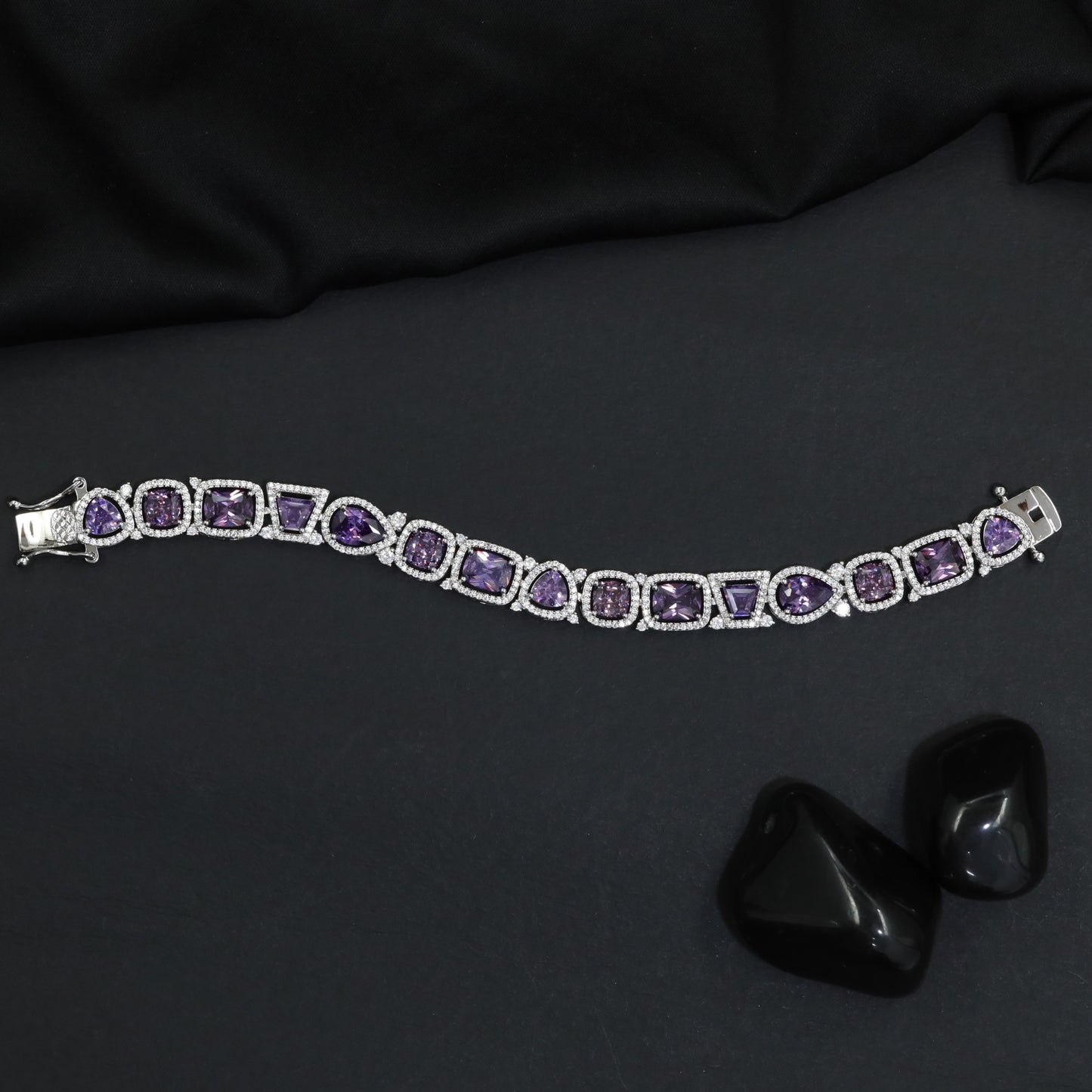 Rhodium Bracelet with Mixed Shape Links and Framed Borders