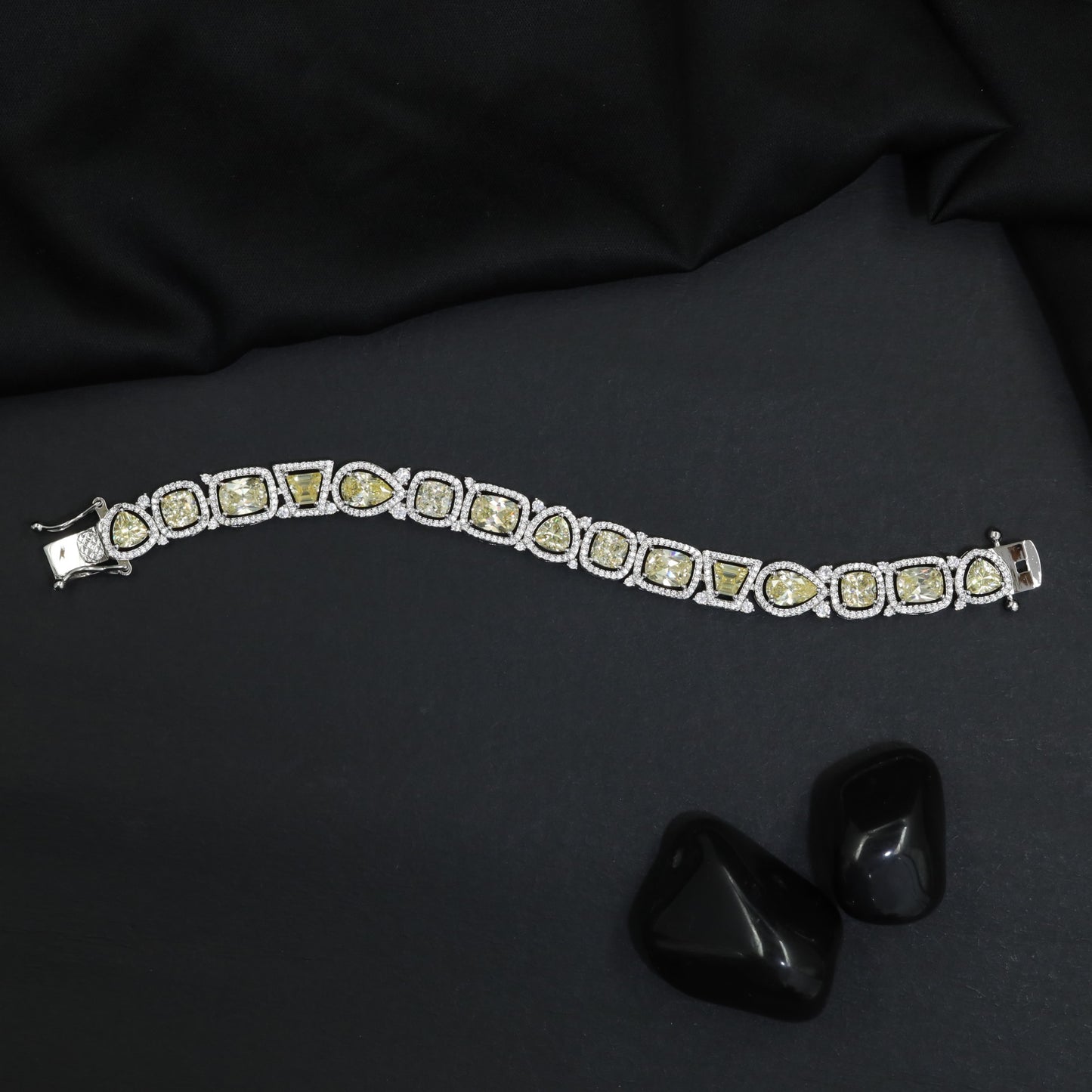 Rhodium Bracelet with Mixed Shape Links and Framed Borders