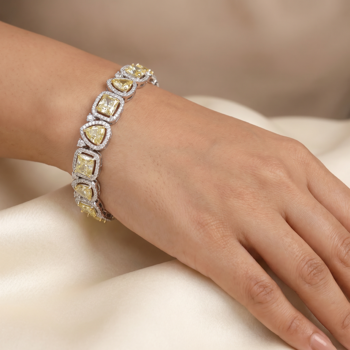 Rhodium Bracelet with Mixed Shape Links and Framed Borders