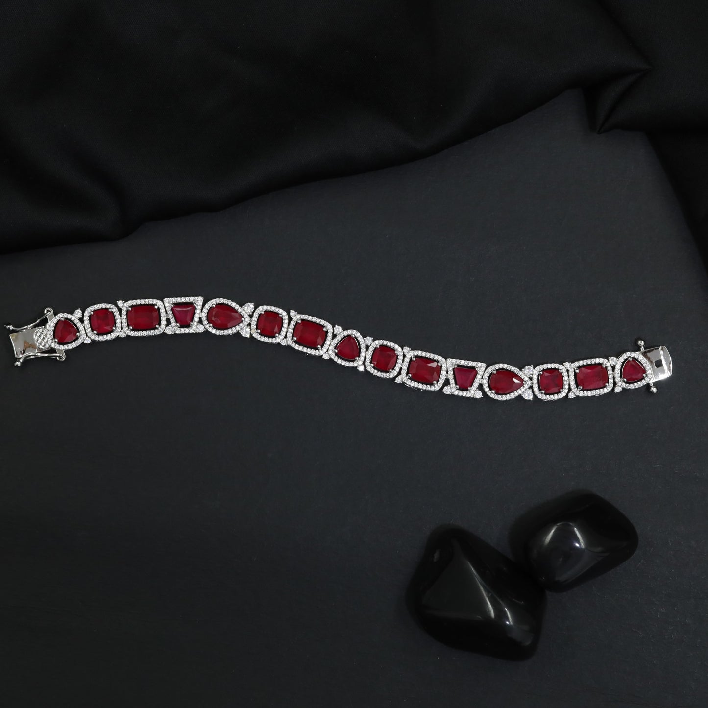 Rhodium Bracelet with Mixed Shape Links and Framed Borders