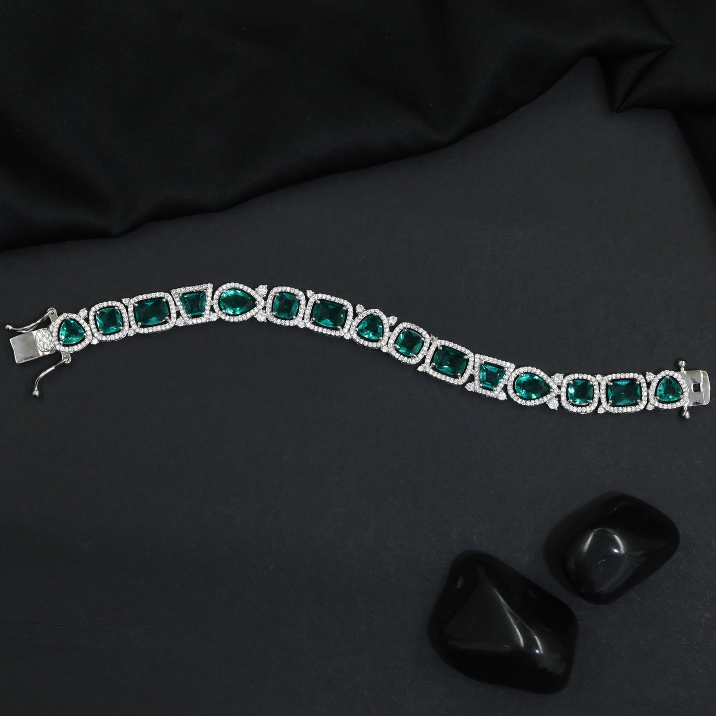 Rhodium Bracelet with Mixed Shape Links and Framed Borders
