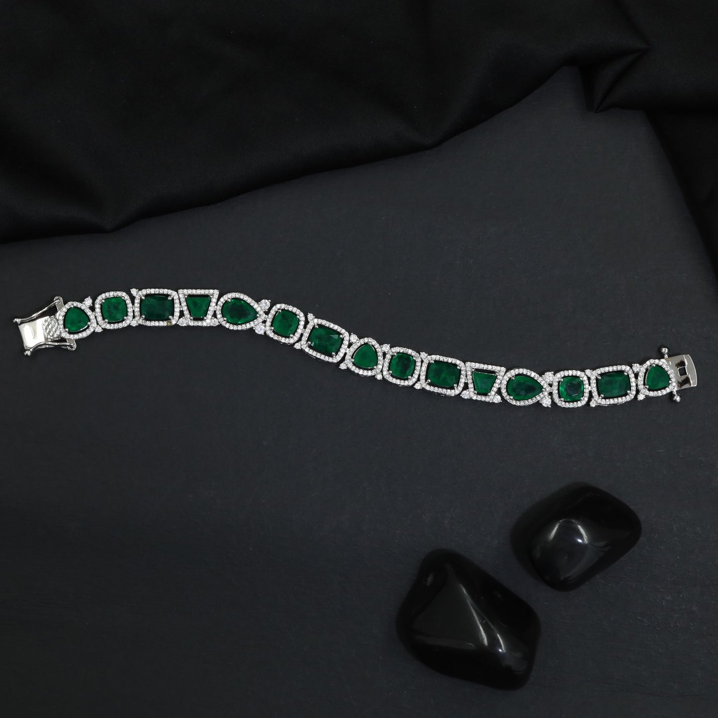 Rhodium Bracelet with Mixed Shape Links and Framed Borders