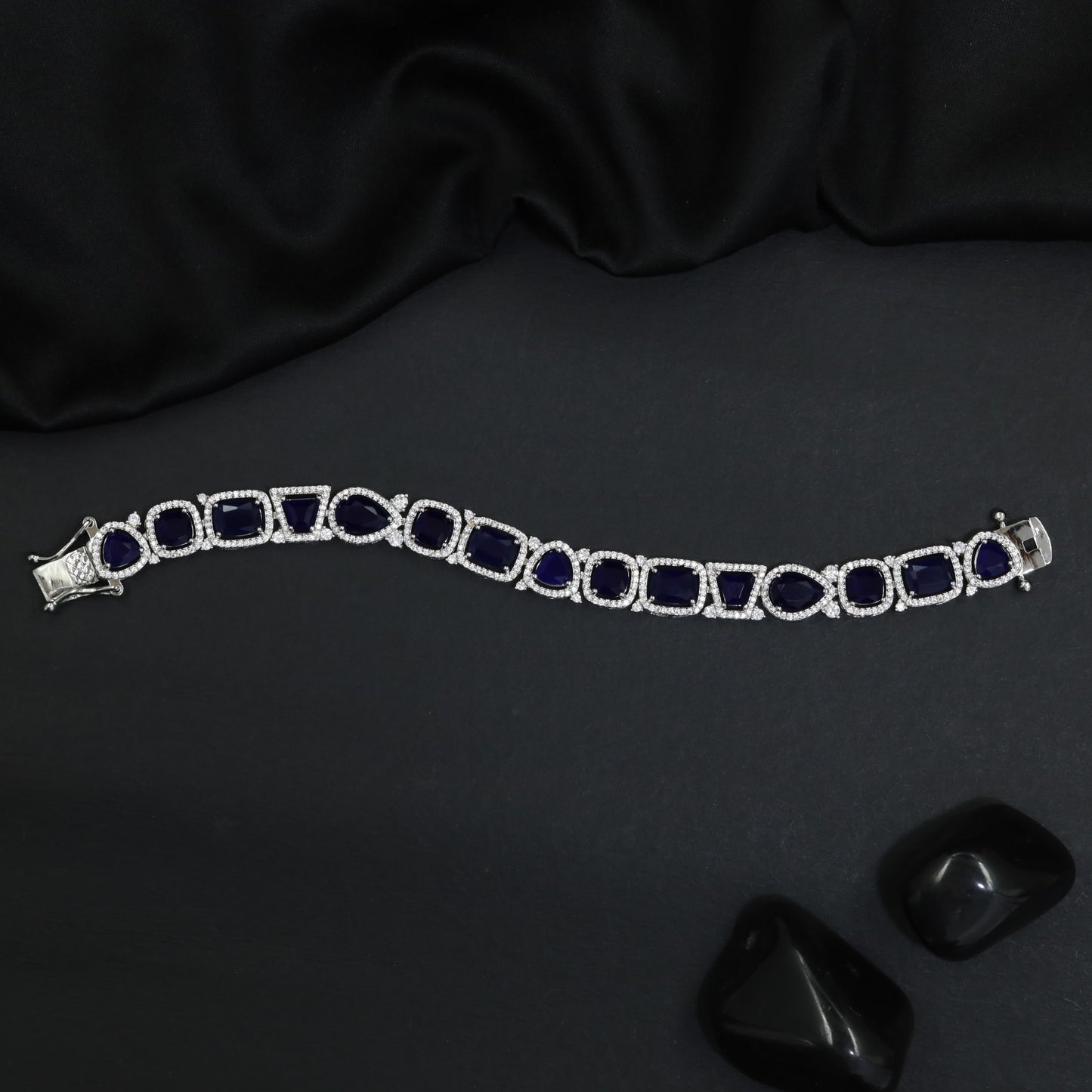 Rhodium Bracelet with Mixed Shape Links and Framed Borders
