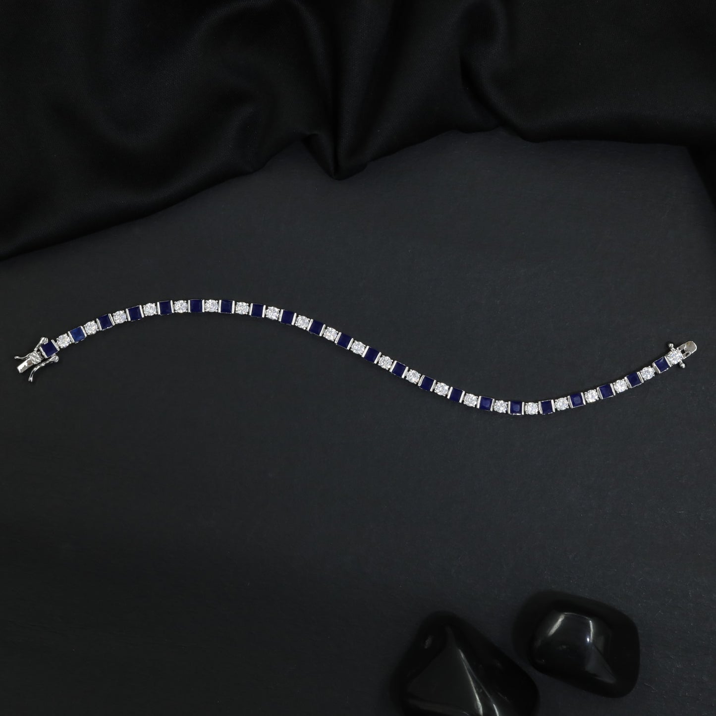 Rhodium Bracelet with Alternating Square Links and Connector Clusters