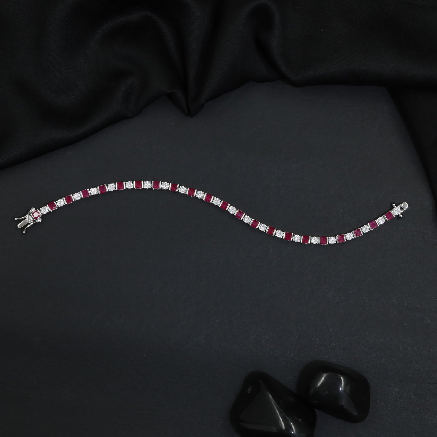 Rhodium Bracelet with Alternating Square Links and Connector Clusters