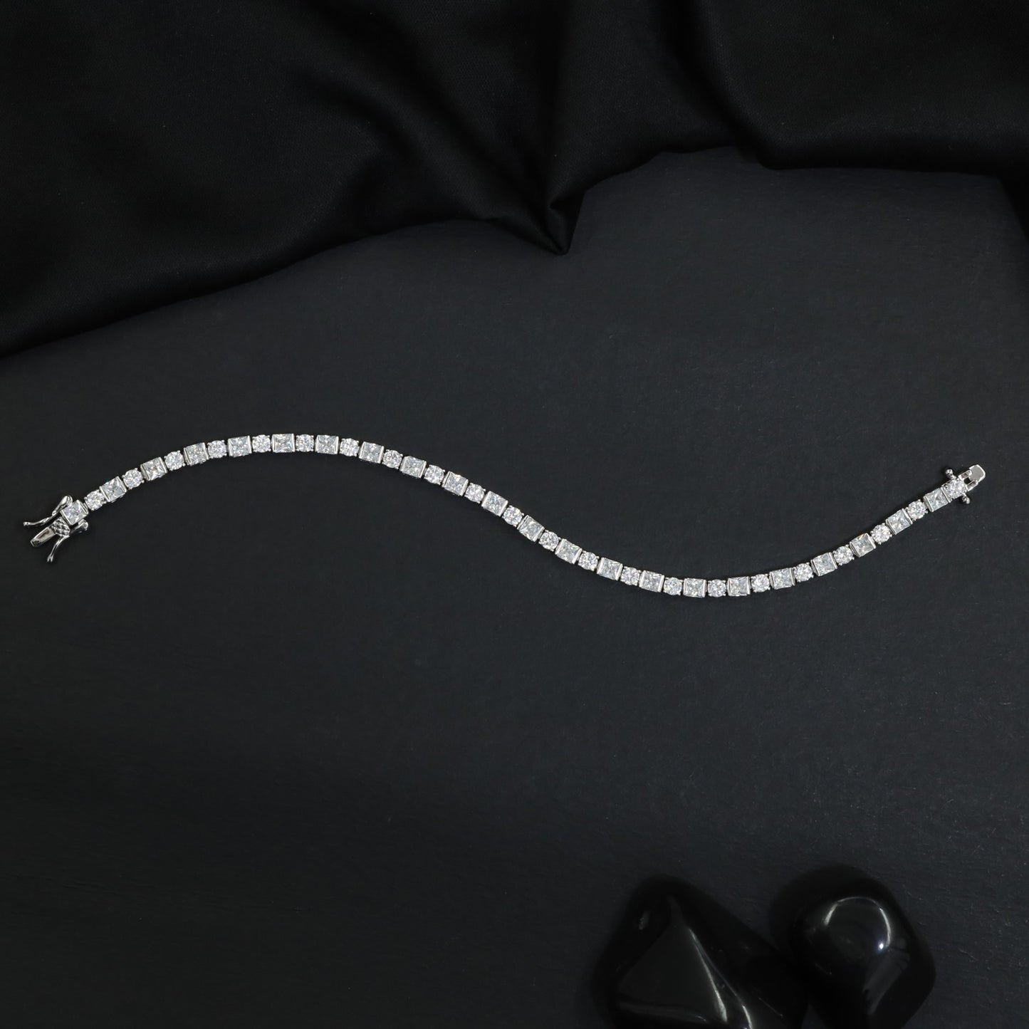Rhodium Bracelet with Alternating Square Links and Connector Clusters