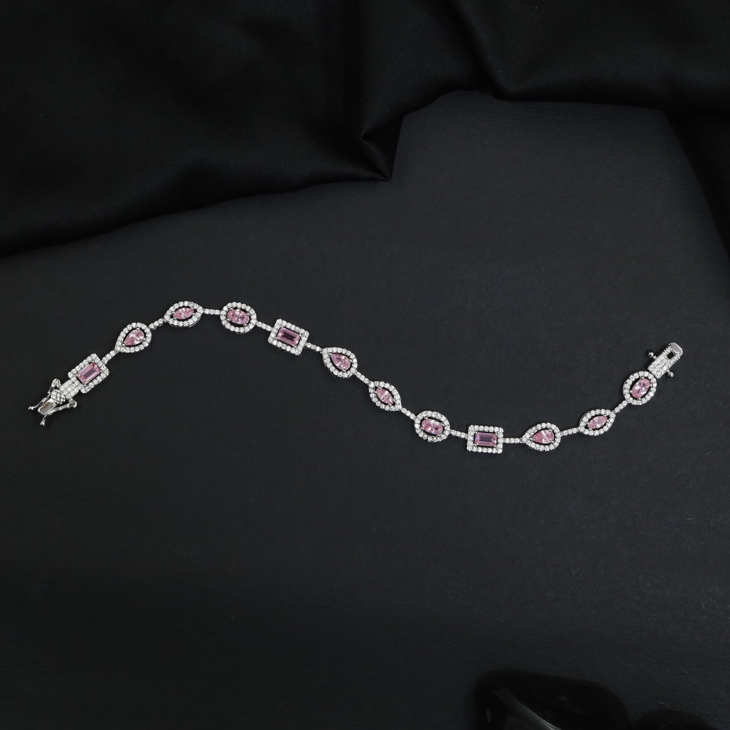 Geometric Link Rhodium Bracelet with Alternating Navette Design