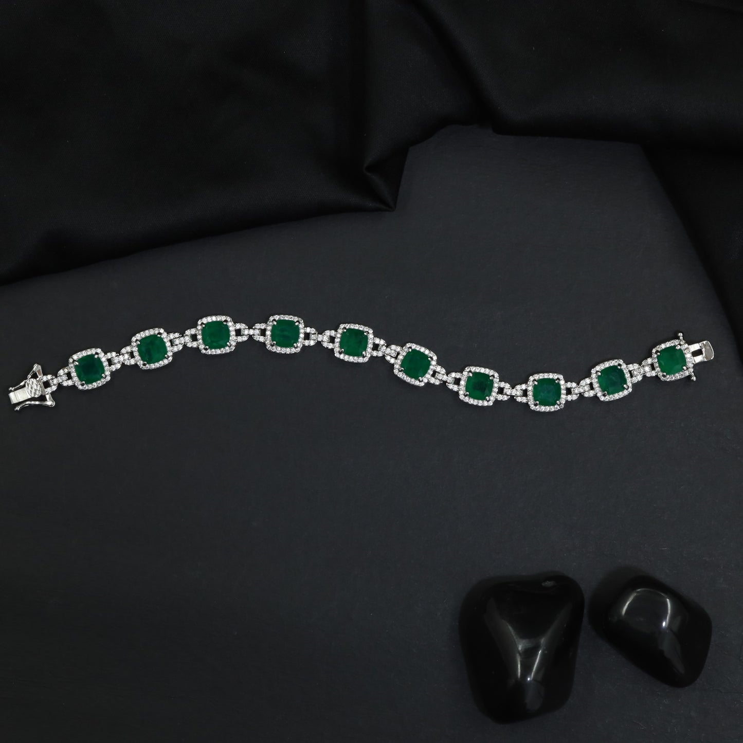 Rhodium Statement Bracelet Featuring Cushion Design and Linked Details