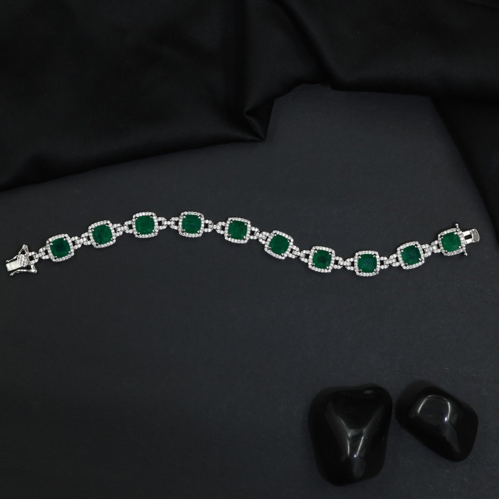 Rhodium Statement Bracelet Featuring Cushion Design and Linked Details