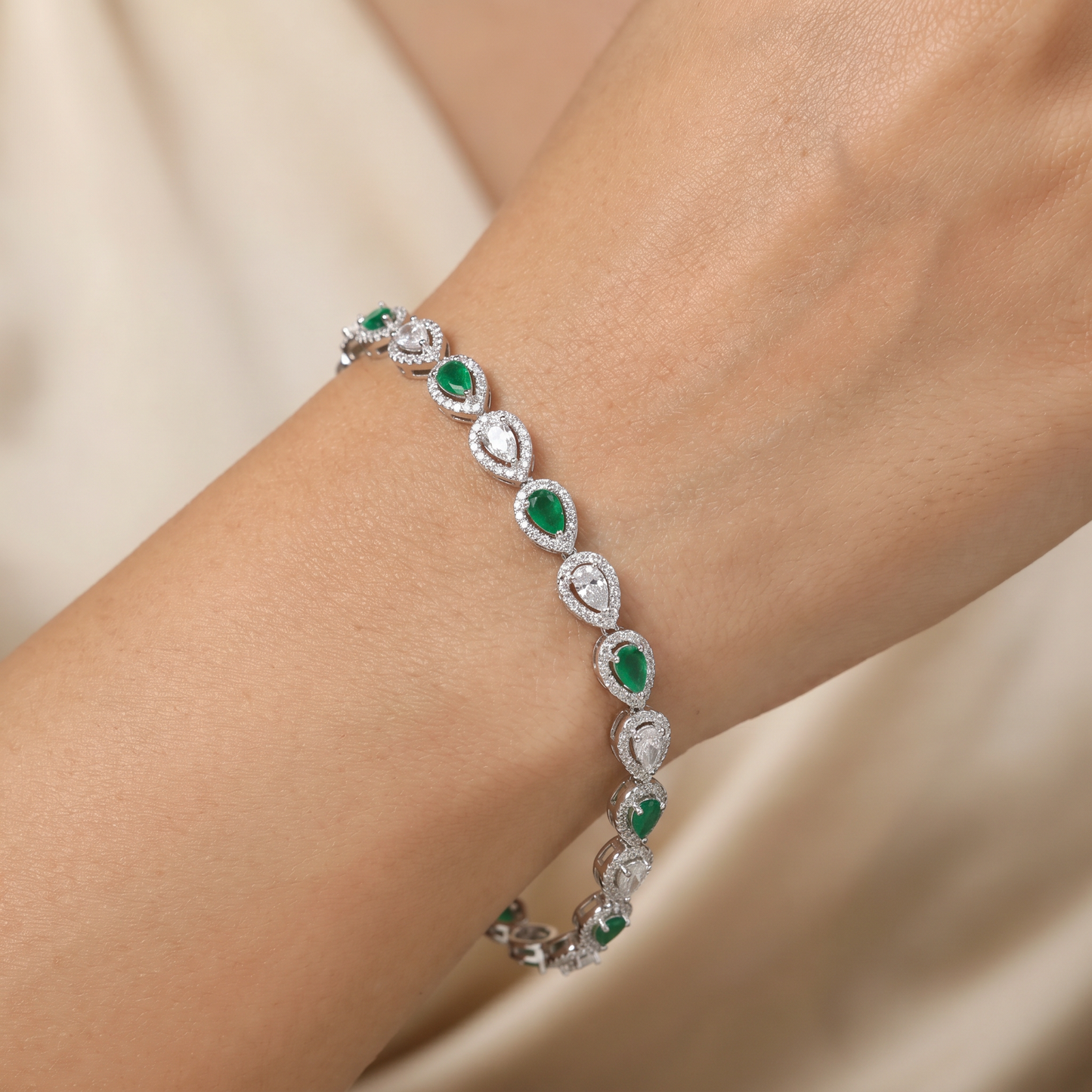 Rhodium Bracelet Featuring Alternating Navette and Leaf Elements
