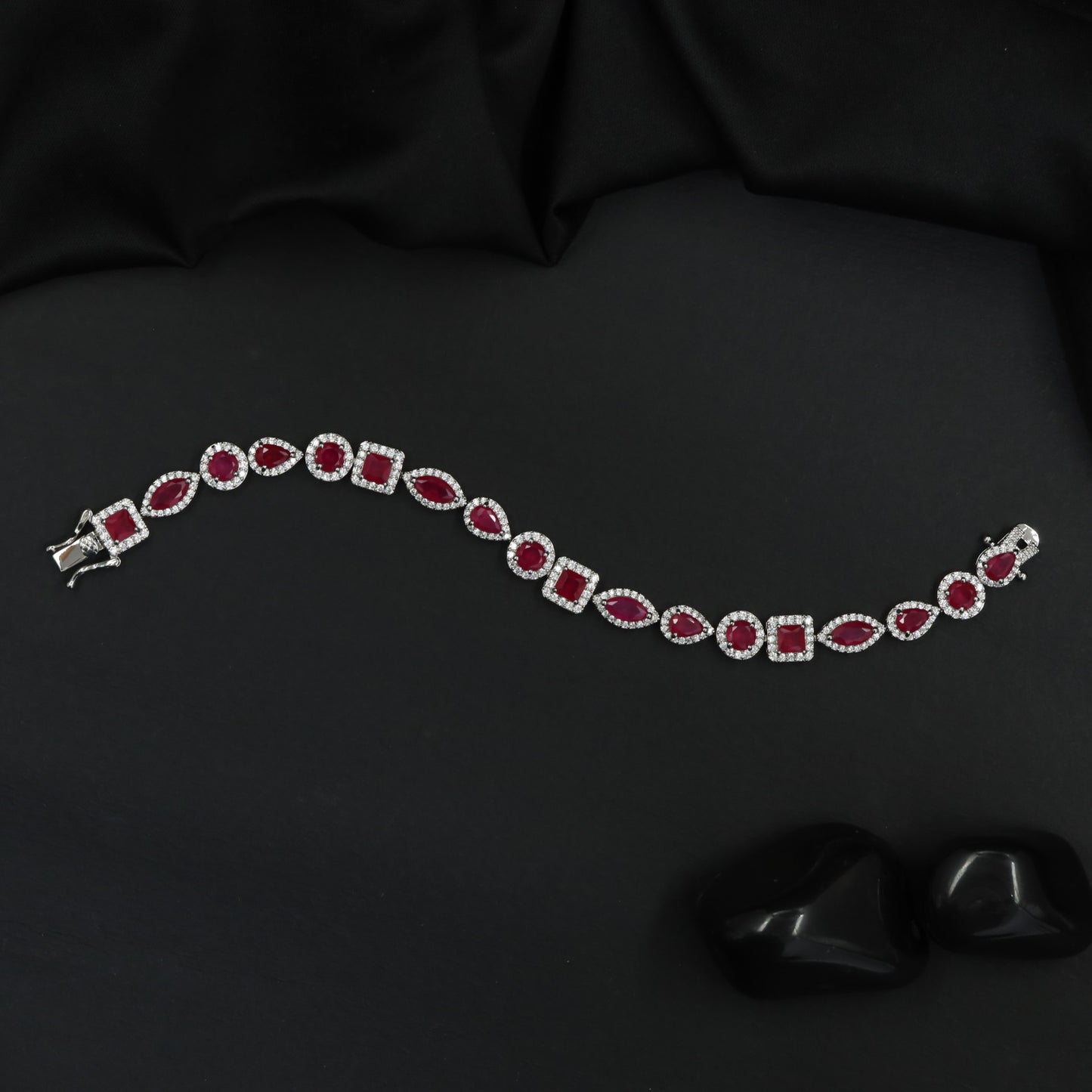 Rhodium Bracelet with Framed Navette Links and Square Stations