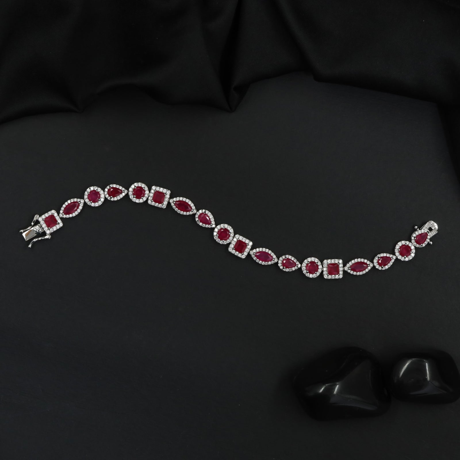 Rhodium Bracelet with Framed Navette Links and Square Stations