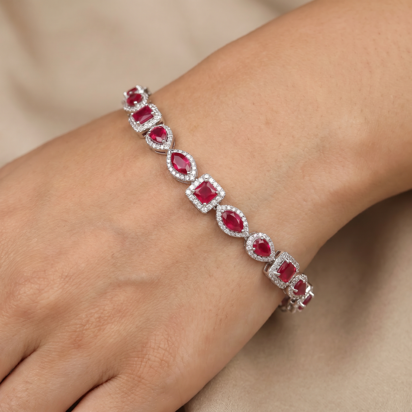 Rhodium Bracelet with Framed Navette Links and Square Stations