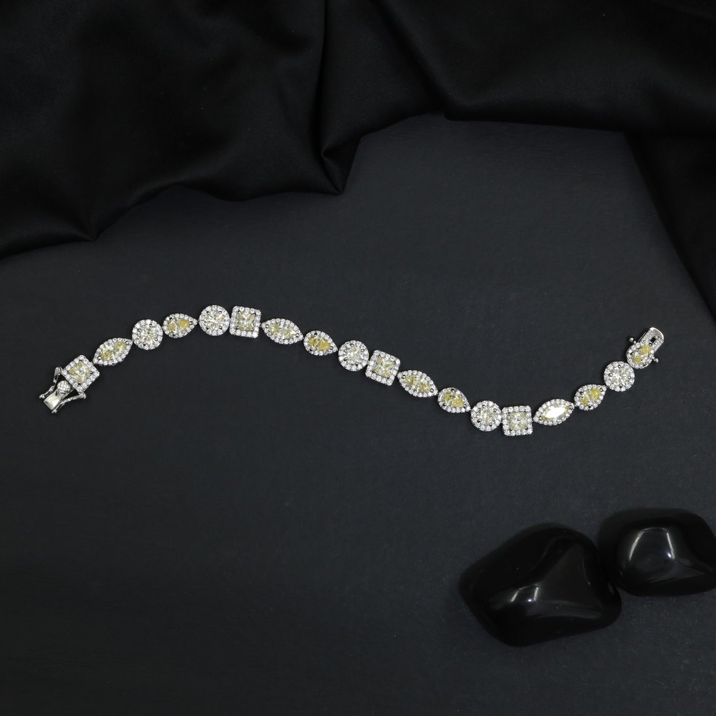 Rhodium Bracelet with Framed Navette Links and Square Stations
