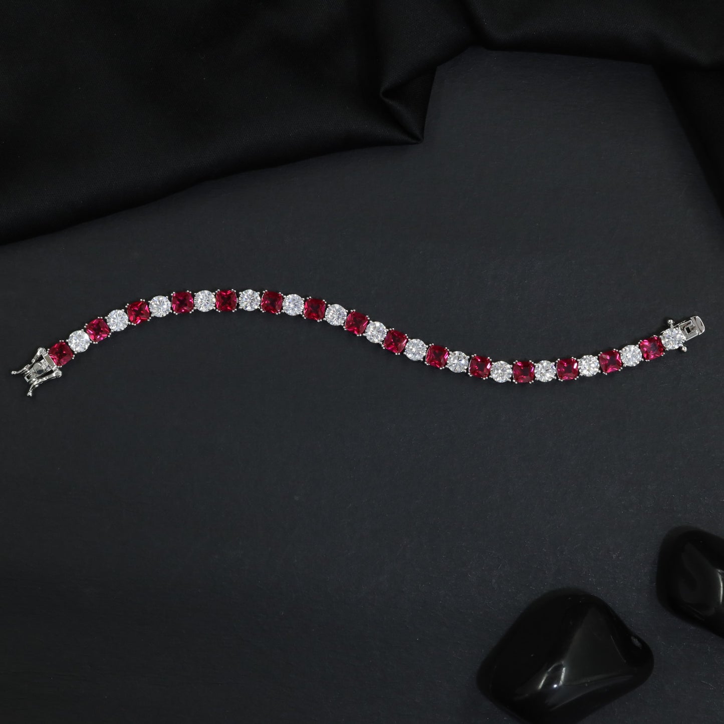 Rhodium Bracelet with Alternating Cushion Stations and Round Connectors