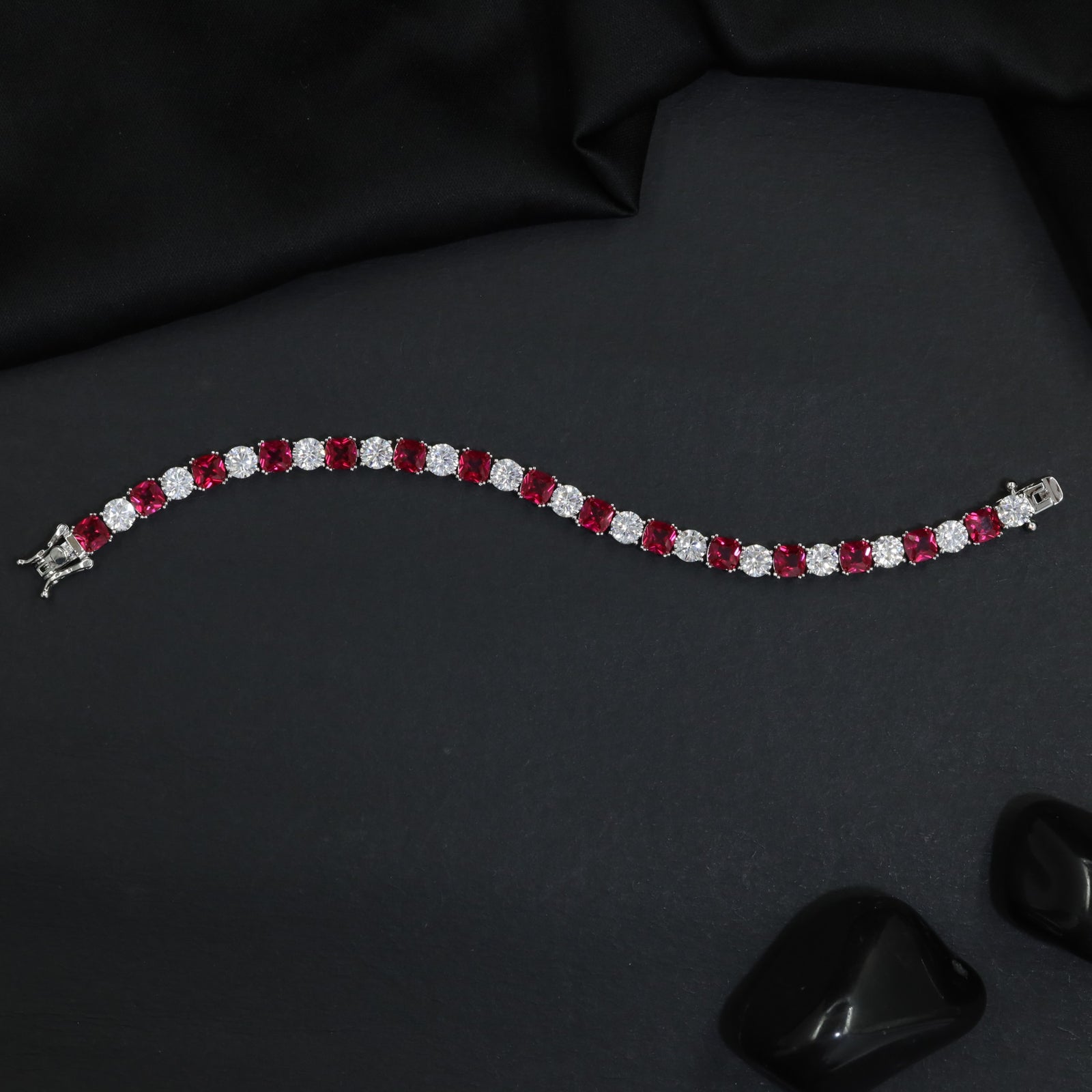 Rhodium Bracelet with Alternating Cushion Stations and Round Connectors