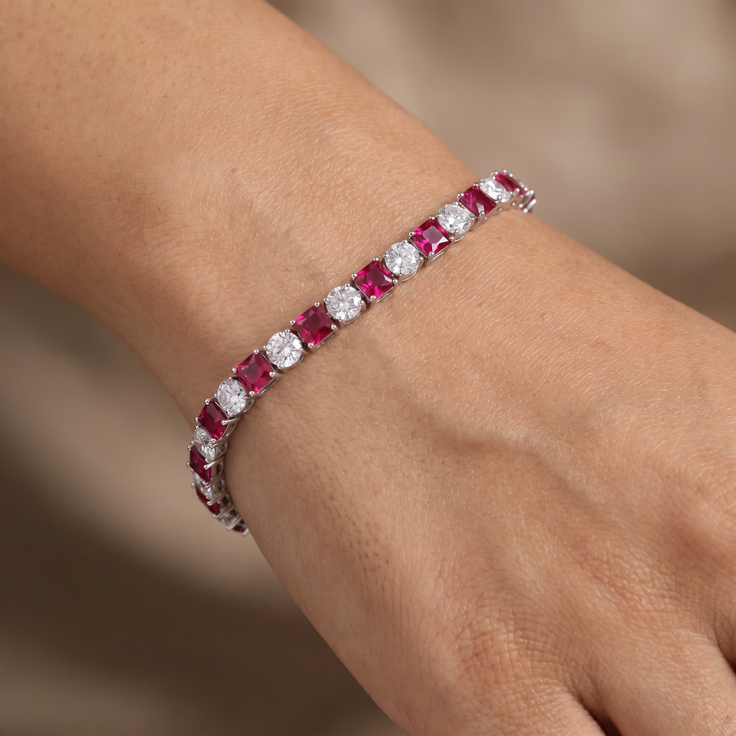 Rhodium Bracelet with Alternating Cushion Stations and Round Connectors