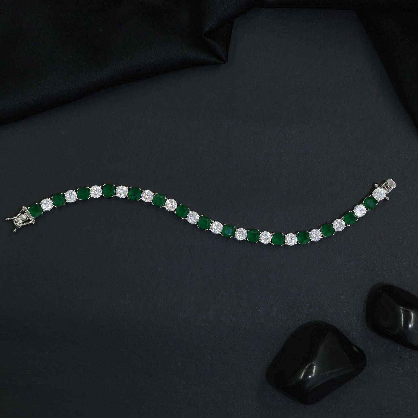 Rhodium Bracelet with Alternating Cushion Stations and Round Connectors